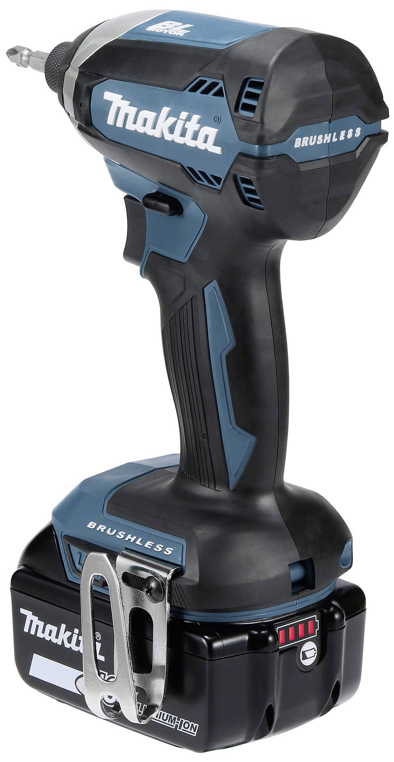 Ein kabelloser Makita Schlagbohrschrauber mit bürstenlosem Motor, ergonomischem Design und einem Akku an der Unterseite.