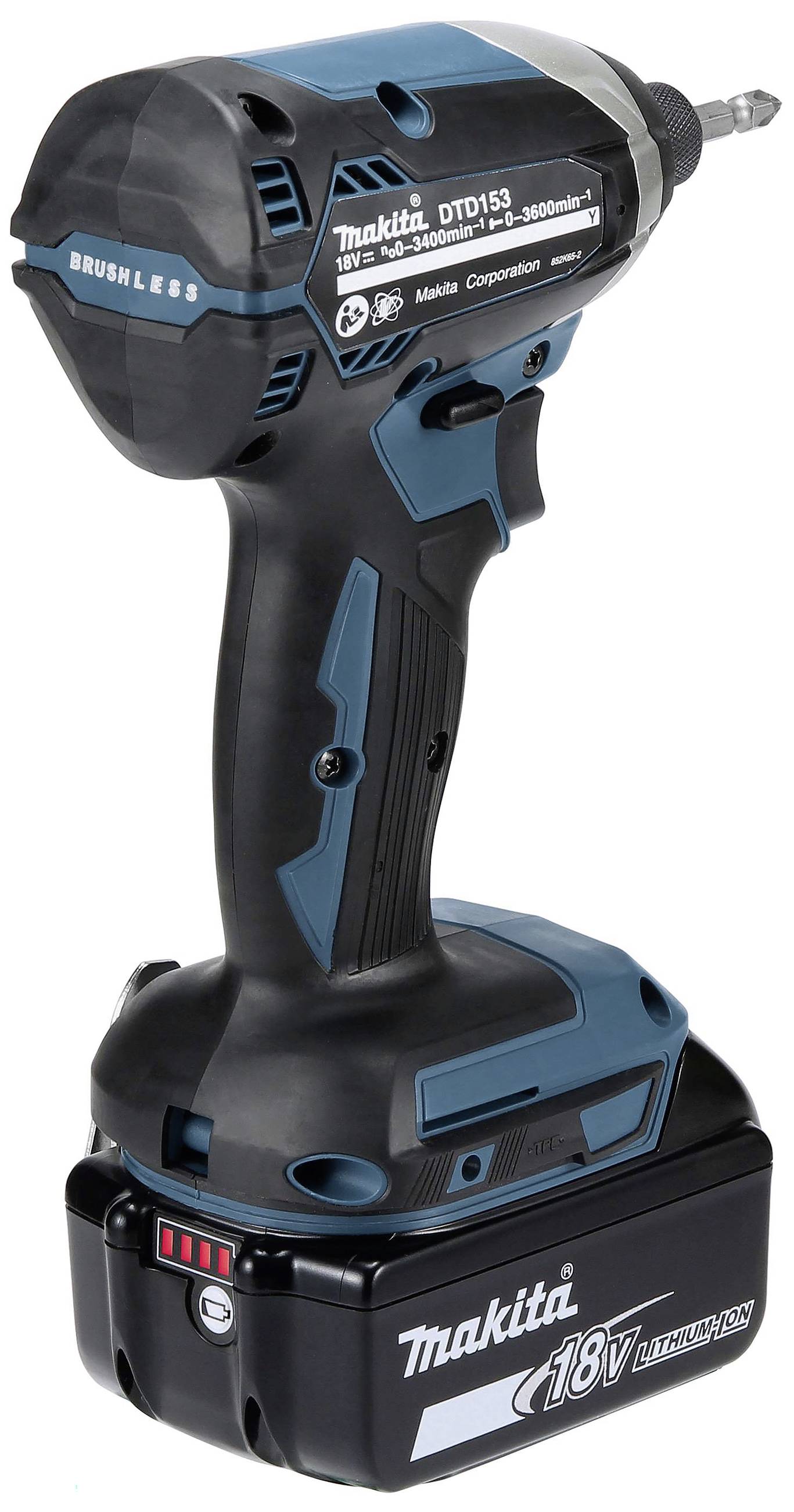 Akkuschrauber der Marke Makita mit schwarzem und blauem Gehäuse, Brushless-Motor und 18 V Lithium-Ionen-Akku.