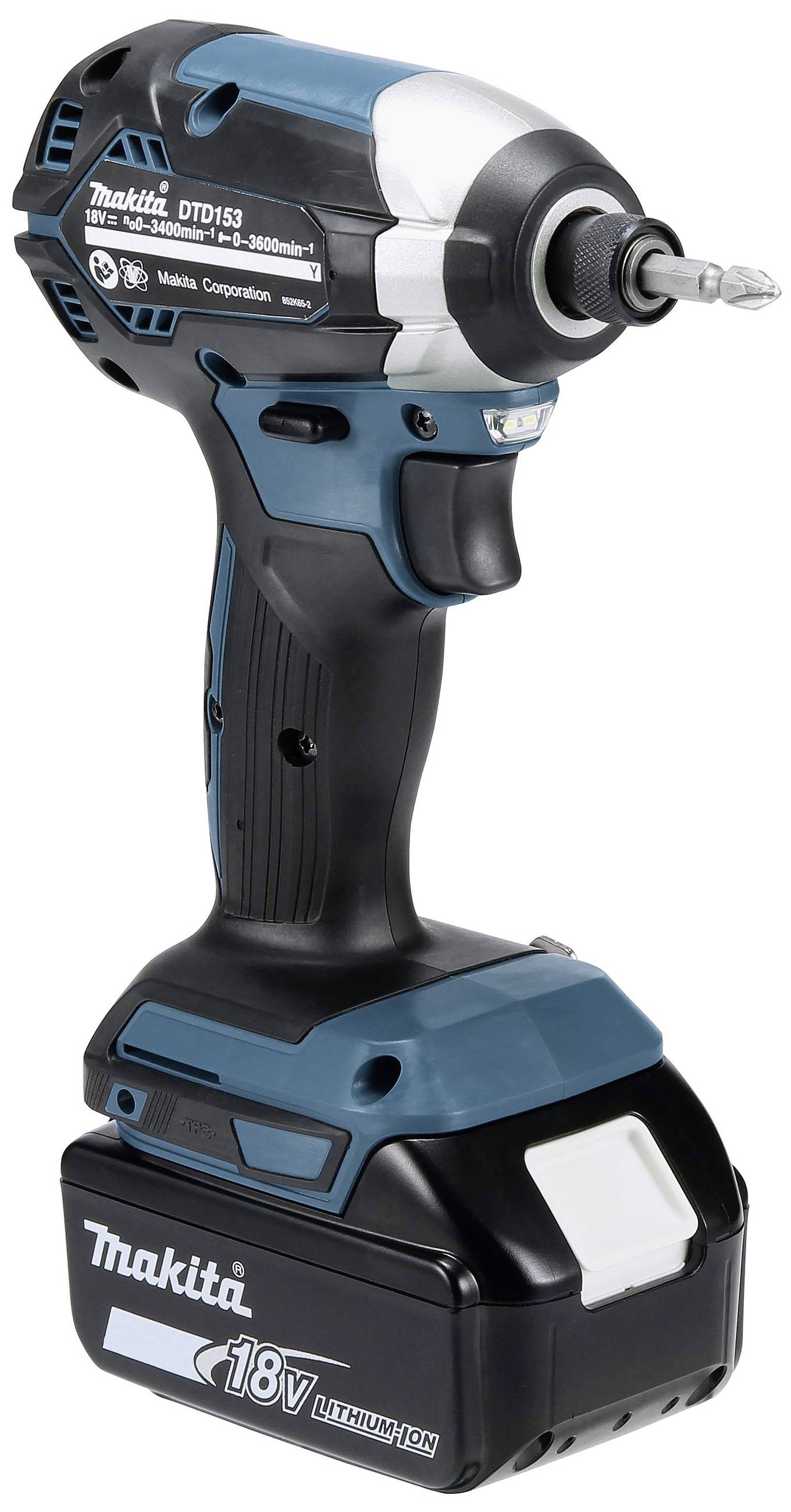 Akkuschrauber in Schwarz und Blau, Modell Makita DTD153, mit 18V Lithium-Ionen-Akku, seitlich fotografiert.