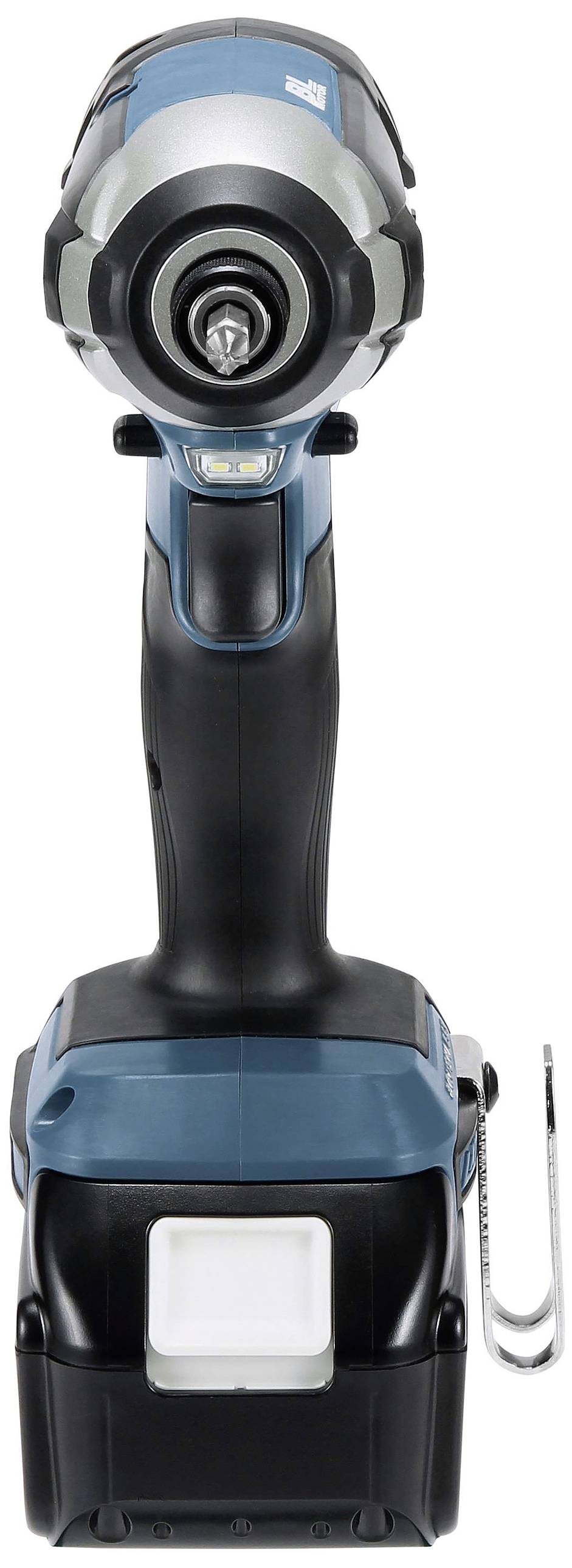 Akku-Schlagschrauber in frontaler Ansicht mit blau-schwarzem Gehäuse, Metallkopf und Gürtelhaken.