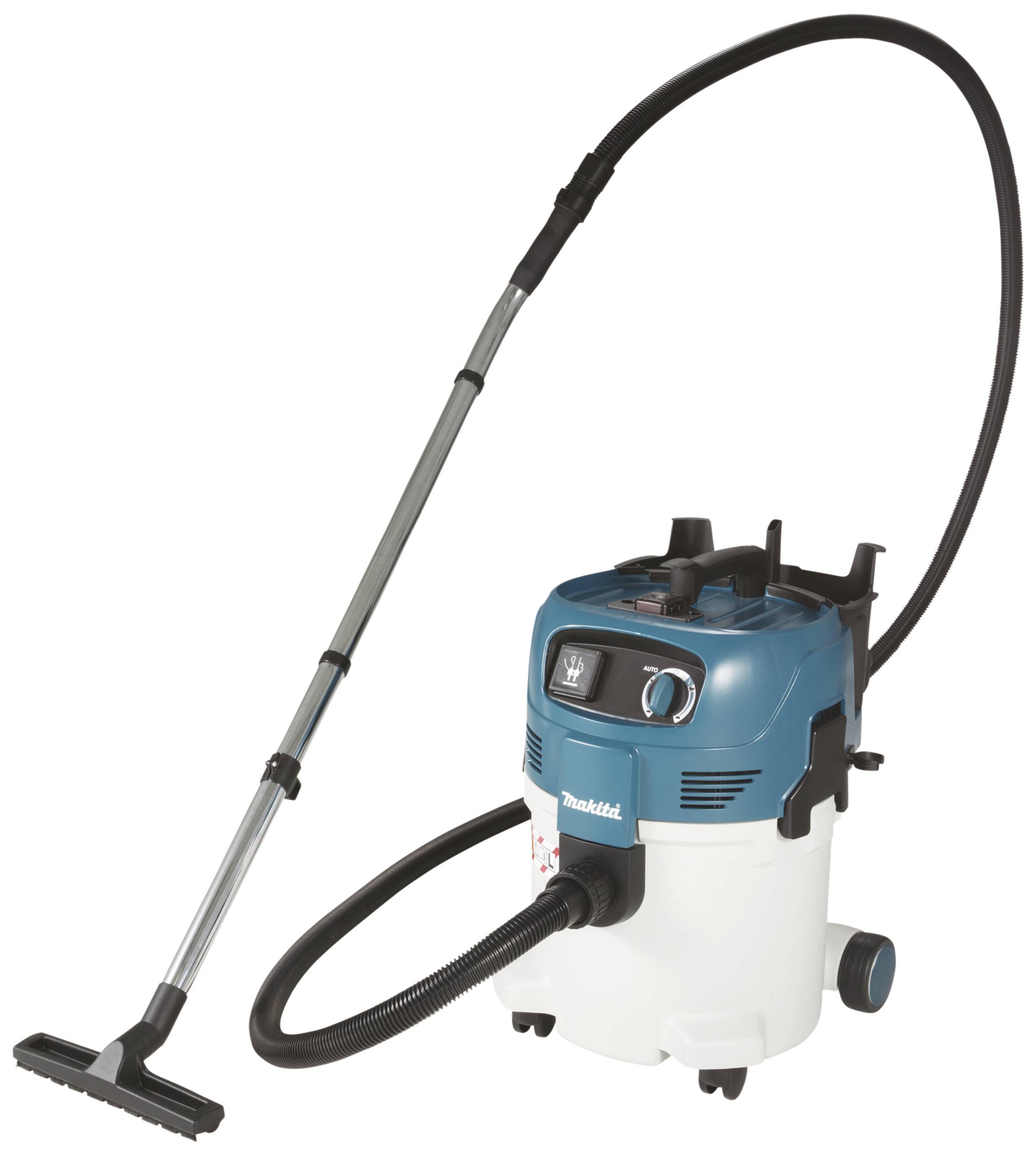 Industriestaubsauger mit blau-weißem Gehäuse und langem Schlauch, geeignet für gewerbliche Reinigungsaufgaben.