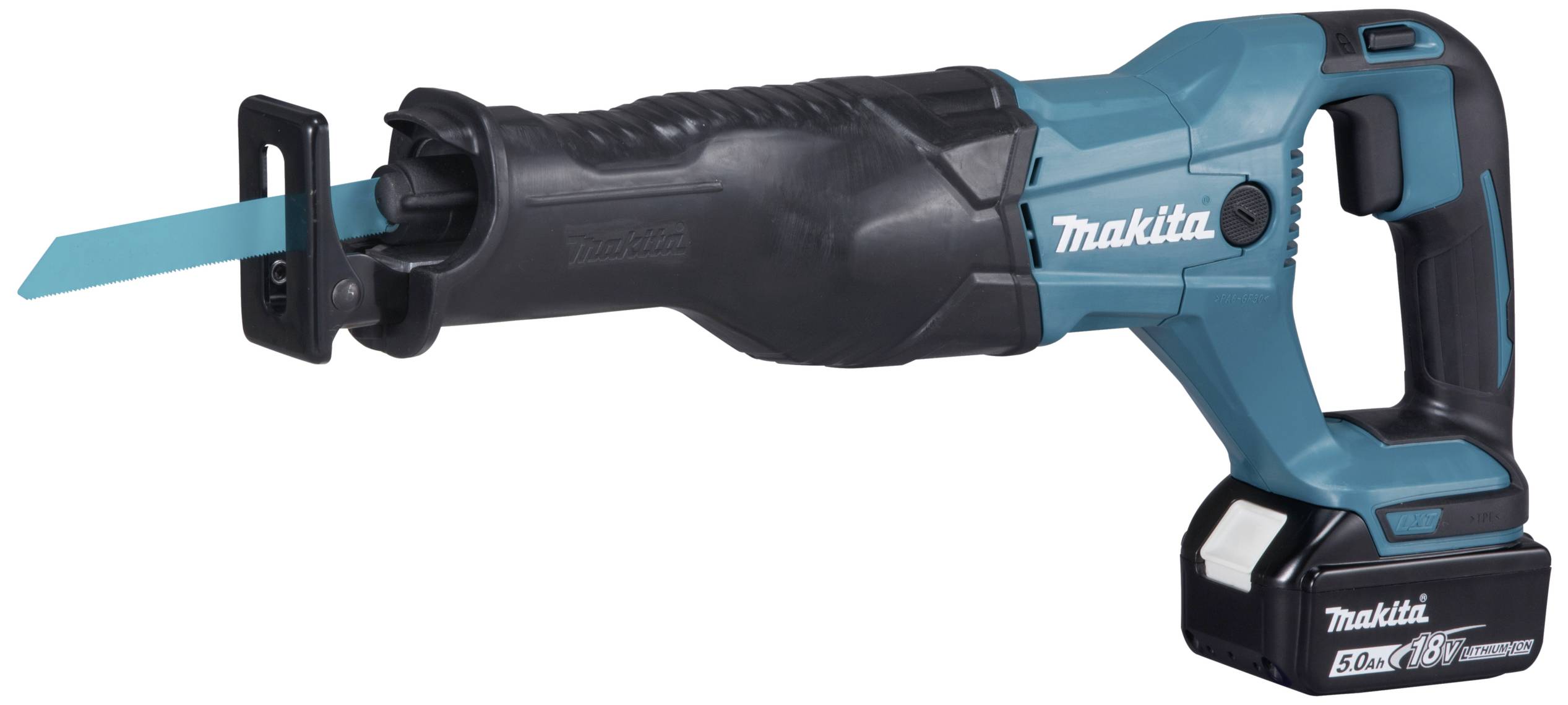 Akku-Säbelsäge mit blauem Gehäuse und schwarzem Griff. Marke 'Makita', geeignet zum Schneiden von Holz und Metall, kabelloser Betrieb.