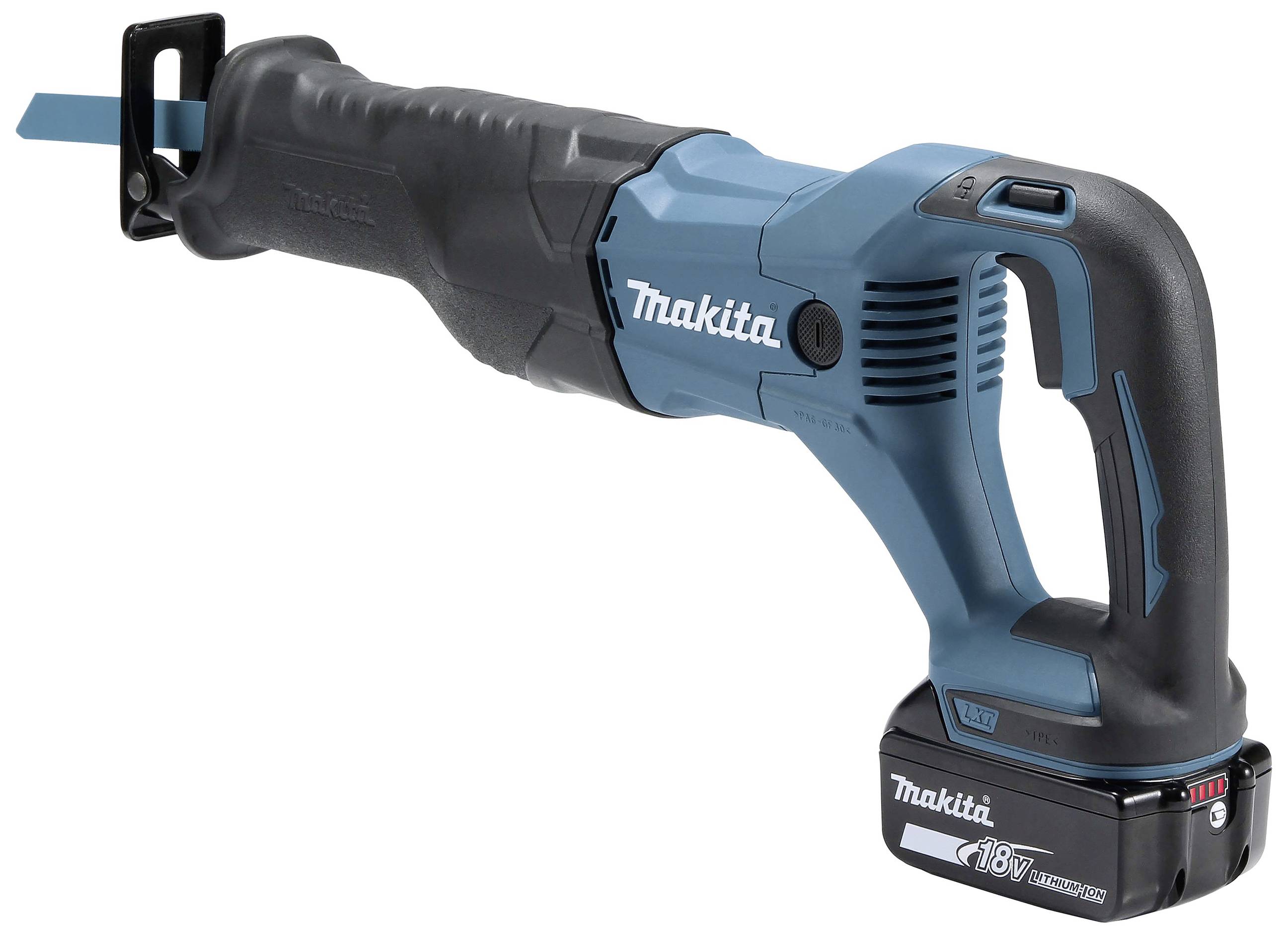 Akkubetriebene Makita Reciprosäge mit 18V Batterie und blau-schwarzem Gehäuse.