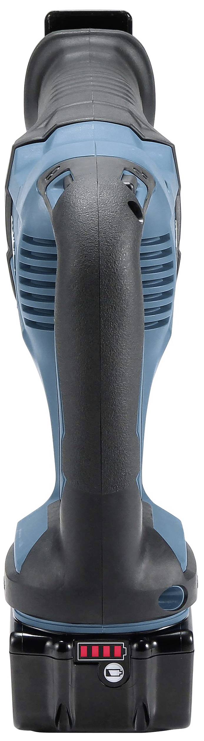 Akku-Gerät in Türkis und Schwarz mit ergonomischem Griff und Akkustandsanzeige unten. Geeignet für schnurloses Arbeiten.