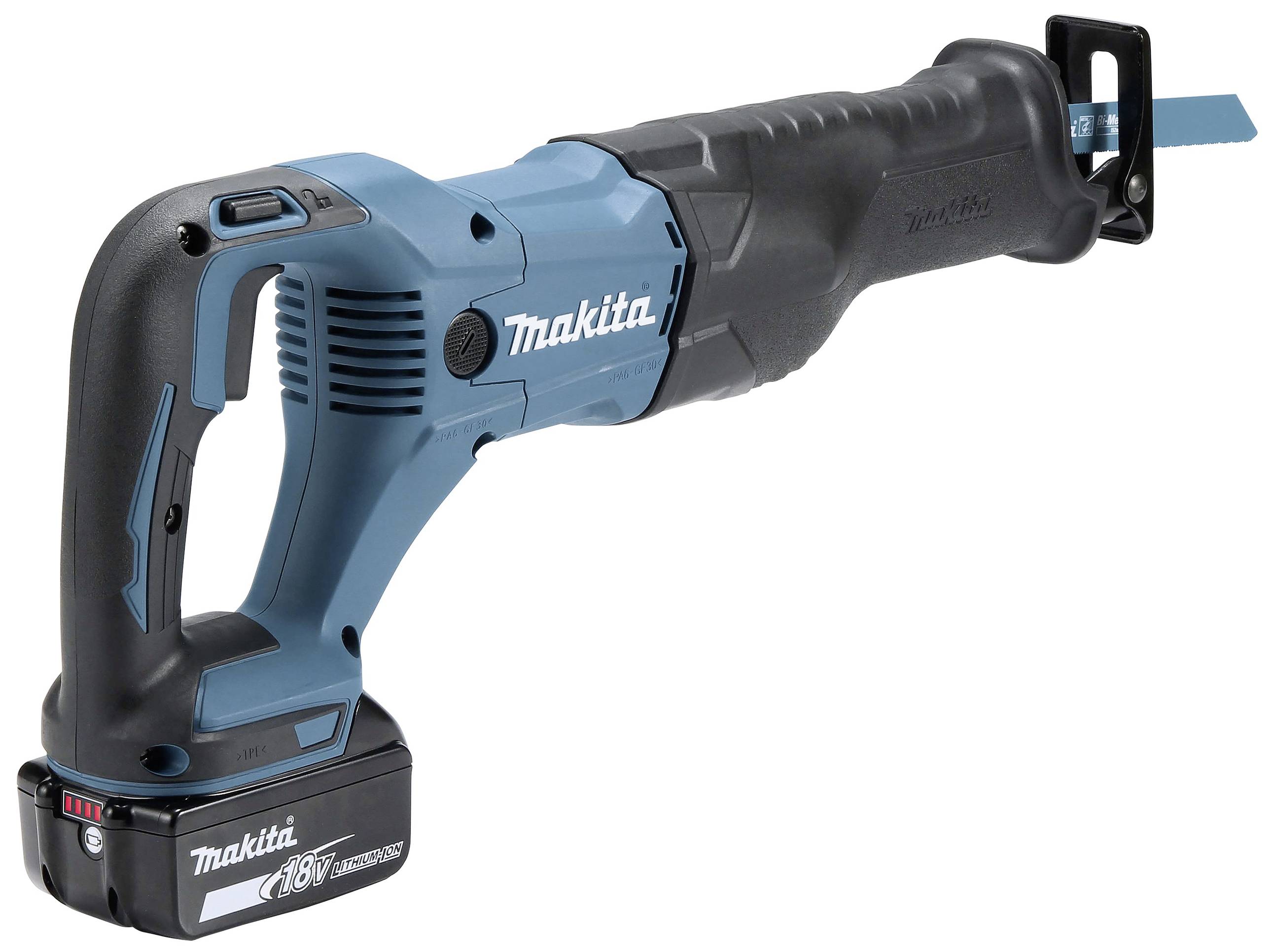 Akkubetriebene blaue Säbelsäge von Makita, Modell 18V, seitliche Ansicht. Zeigt das Sägeblatt und den Griffbereich.