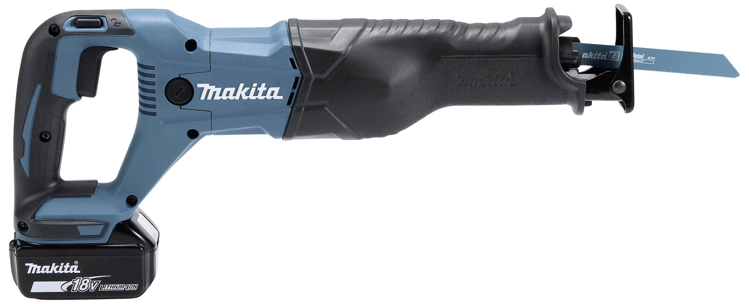 Makita Akku-Säbelsäge mit blau-schwarzem Design und 18V Batterie. Geeignet zum Schneiden von Holz und Metall in Bau- und Heimwerkerprojekten.