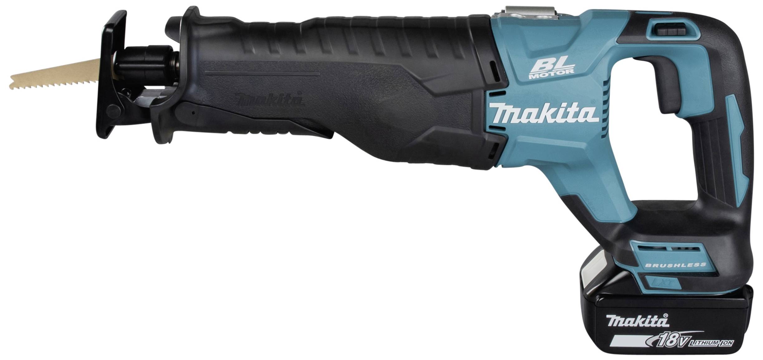 Eine blaue Makita Akku-Säbelsäge mit schwarzem Griff und 18V Batterie, oft in Bau- und Renovierungsarbeiten verwendet.