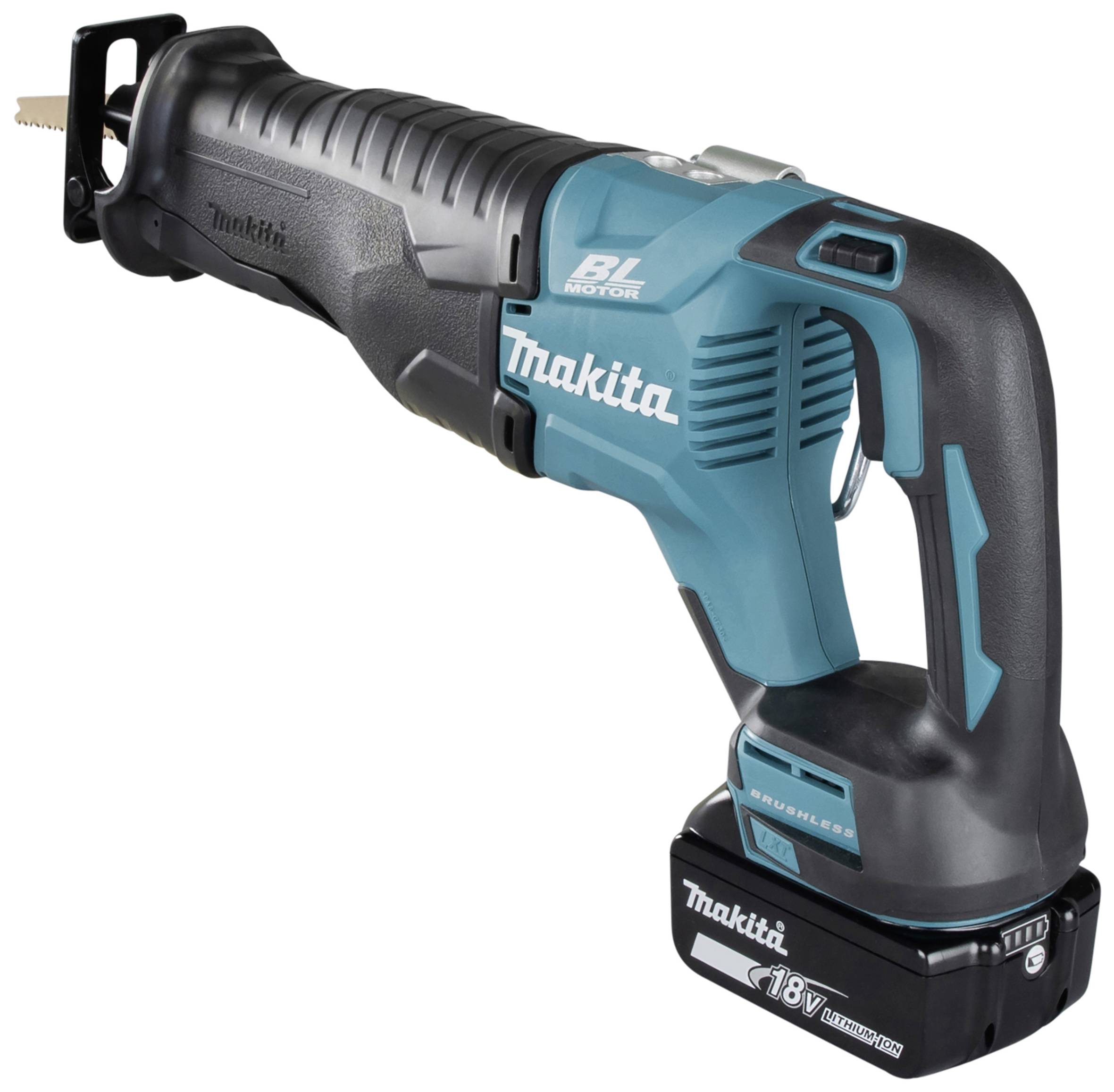 Eine kabellose Makita Akku-Säbelsäge mit Bürstenmotor, Modell in Blau und Schwarz, zeigt eine Klinge und einen 18V Lithium-Ionen-Akku.