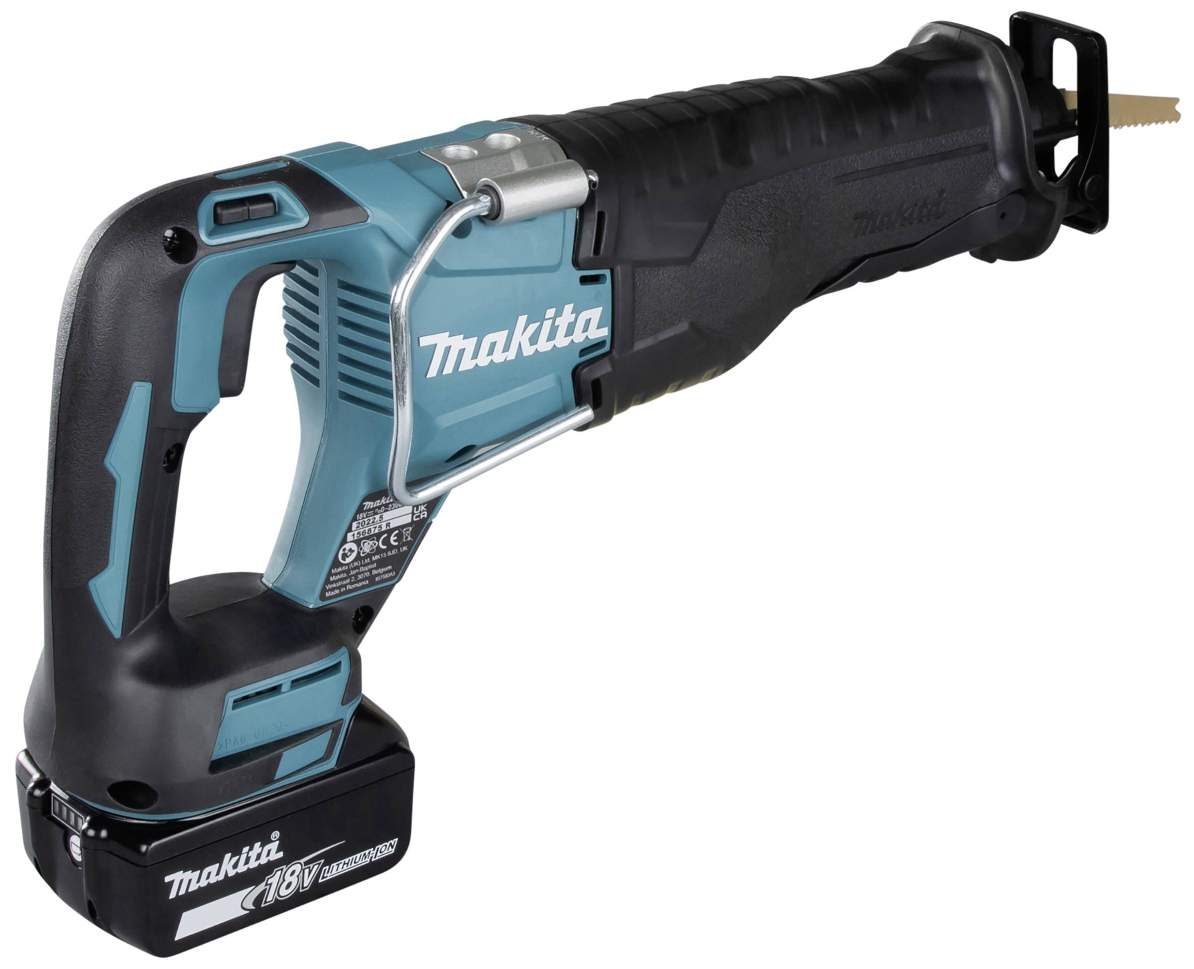 Akkubetriebene Makita Säbelsäge mit blau-schwarzem Gehäuse, 18V Akku, für Schneidarbeiten in Holz und Metall geeignet.