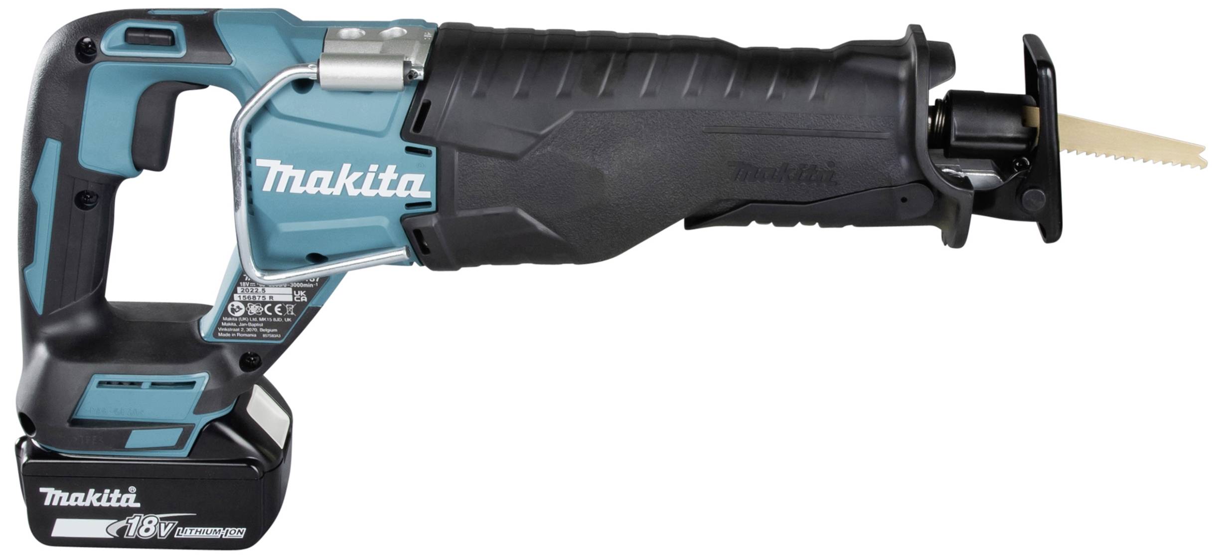 Akku-Säbelsäge in Blau und Schwarz von einer bekannten Marke, mit 18V Leistung und ergonomischem Design für vielseitige Schnitte.