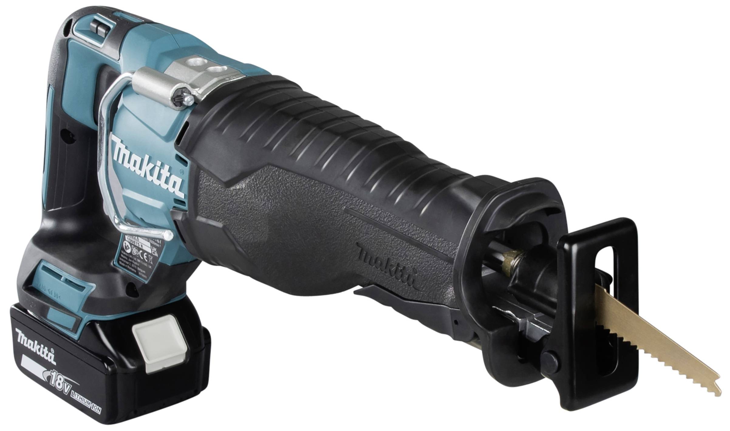 Eine Akku-Säbelsäge, schwarz-türkis, mit Wechselklinge und ergonomischem Griff. Markenname auf der Seite sichtbar.