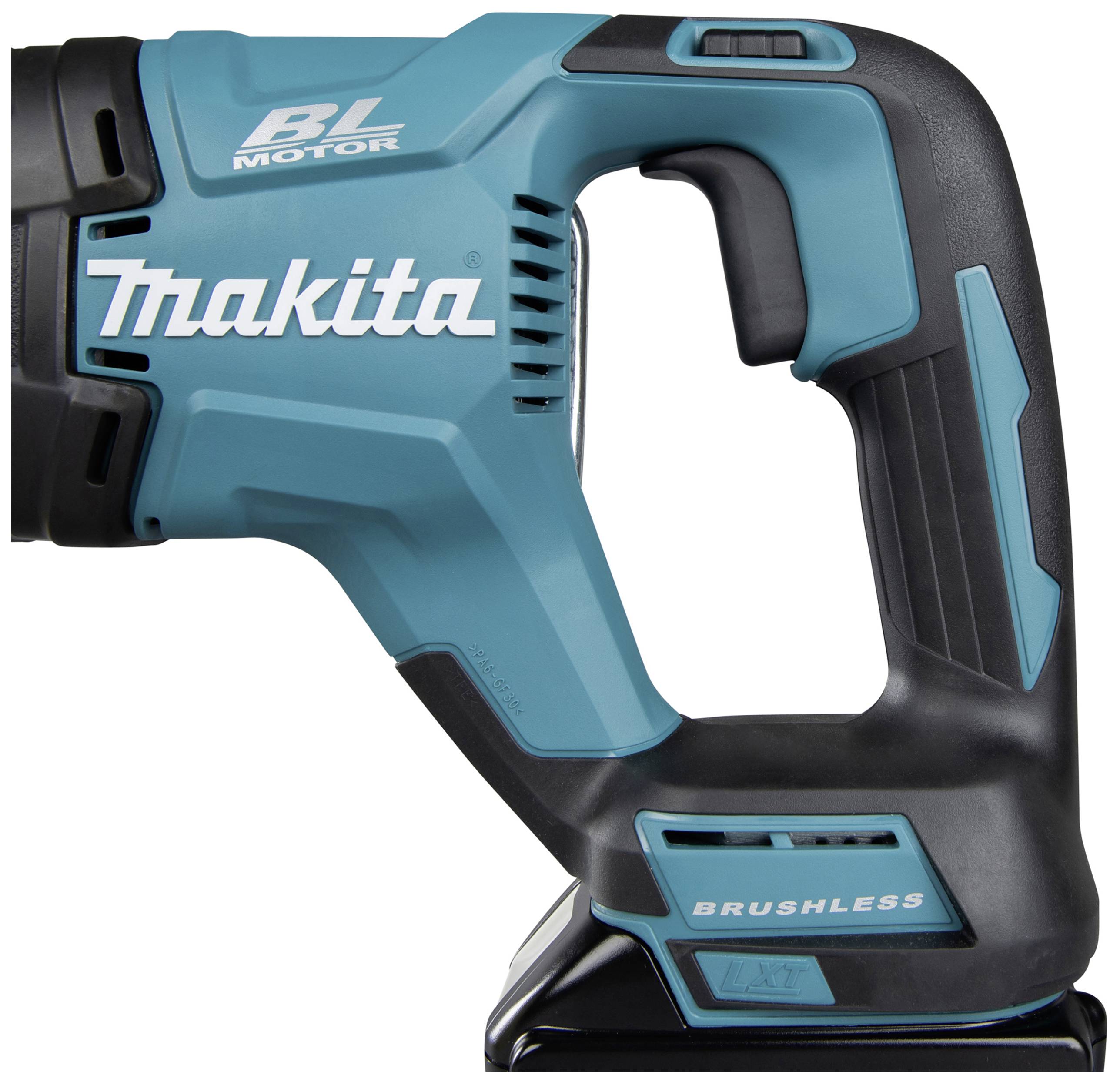 Akkubohrersatz in Blau mit Aufschrift 'BL Motor' und 'Makita'; ergonomisch geformter Griff, Batterieschacht unten, ohne Akku.