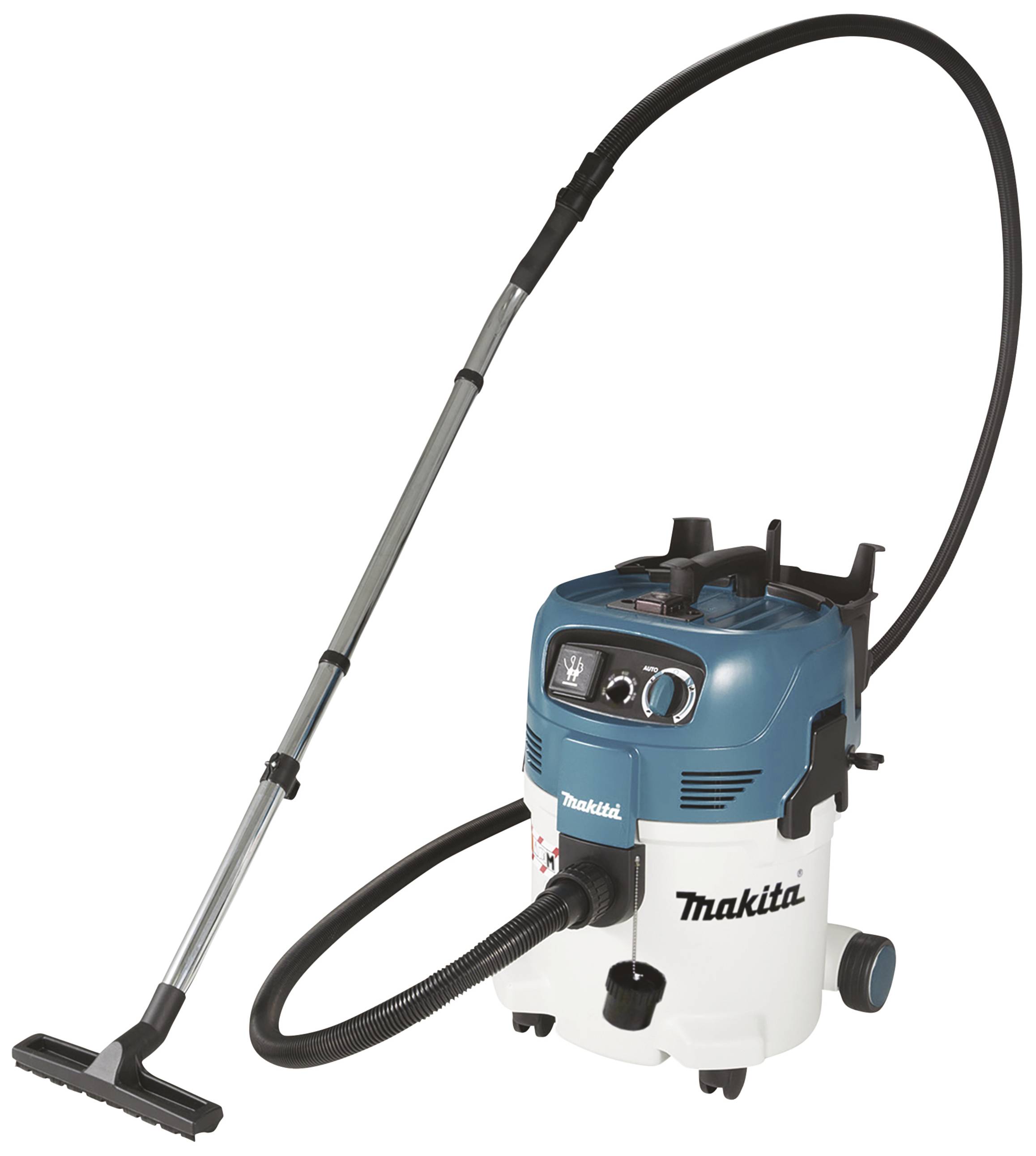 Ein Industriestaubsauger von Makita mit einem langen Schlauch und einer breiten Bodendüse, geeignet für Werkstattreinigung.