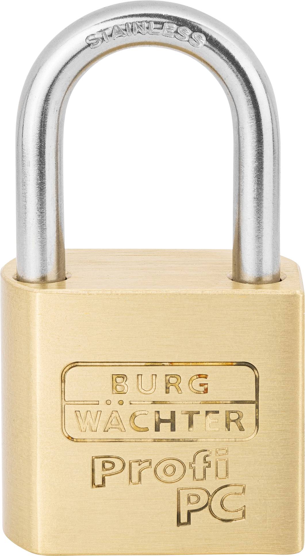 Ein Vorhängeschloss mit der Aufschrift 'BURG WÄCHTER Profi PC', aus Messing mit einem silbernen Bügel.