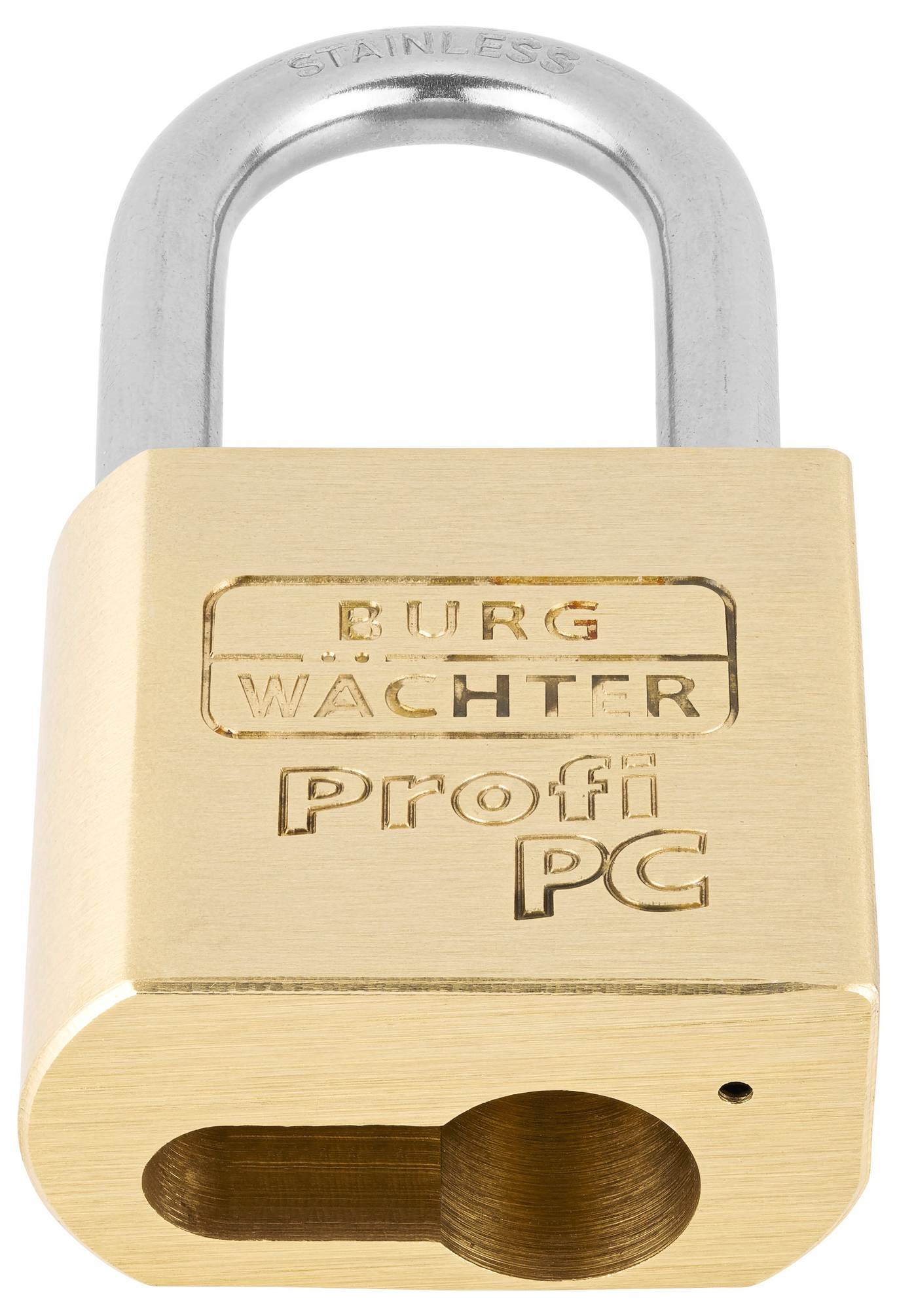 Ein goldfarbenes Vorhängeschloss mit der Aufschrift 'Burg Wächter Profi PC', steht aufrecht auf weißem Hintergrund.