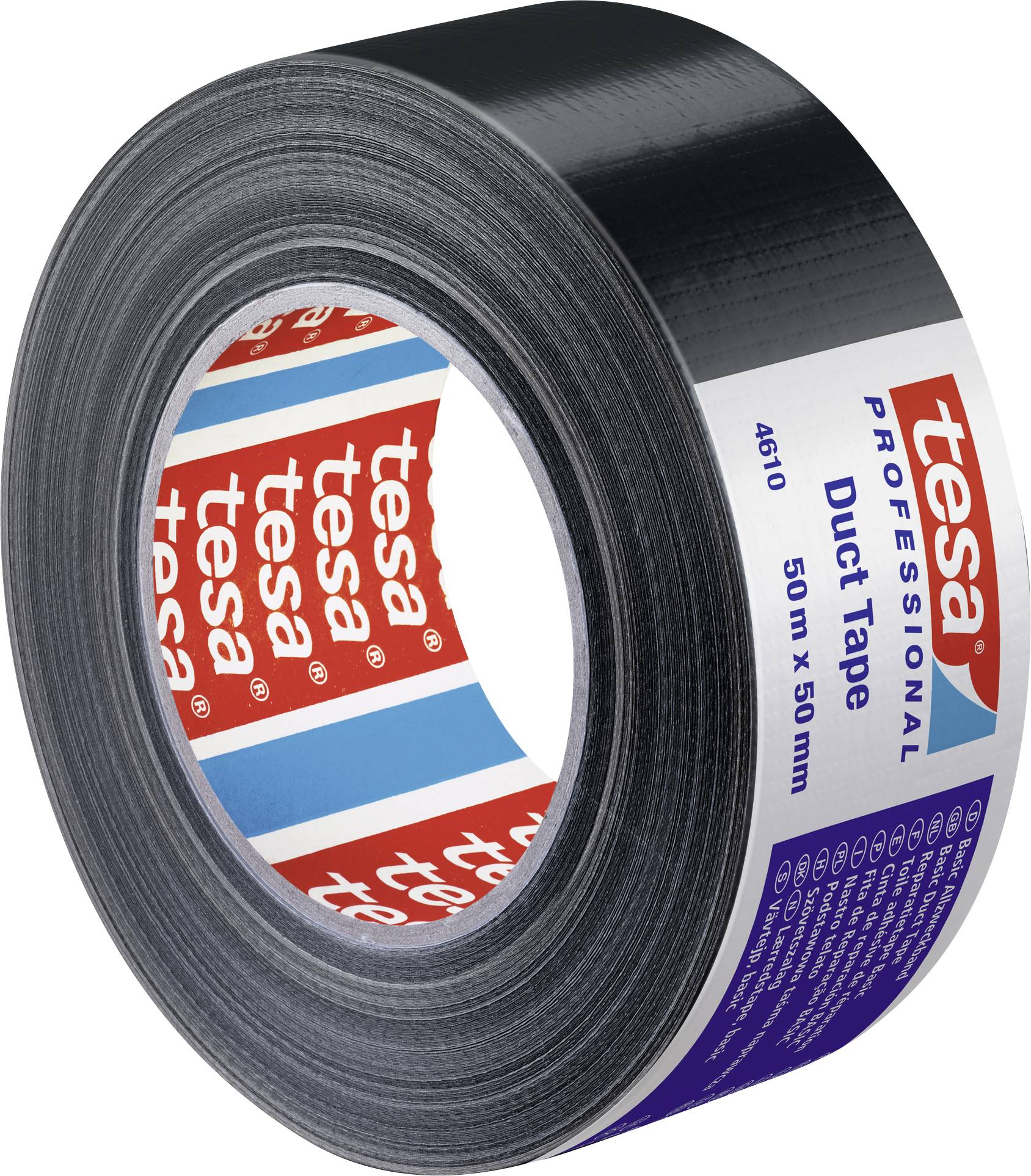 Rolle mit schwarzem Panzertape der Marke Tesa. Etikett zeigt: Professionelles Duct Tape, 50 m x 50 mm.