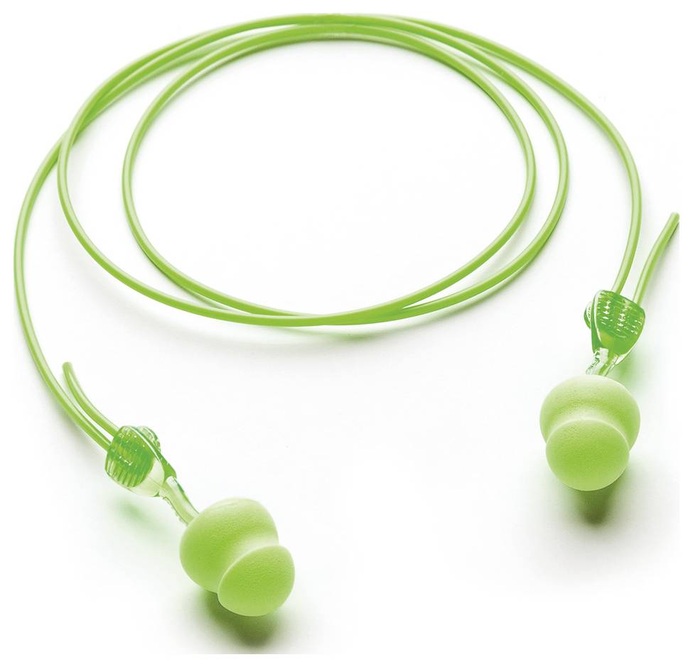 Hellgrüne In-Ear-Kopfhörer mit langem Kabel, locker aufgerollt.