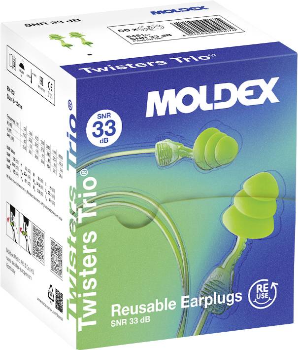 Schachtel mit wiederverwendbaren Ohrstöpseln 'Moldex Twisters Trio'. Mit grünen Ohrstöpseln und Hervorhebung ihrer Lärmschutzklasse von 33 dB.