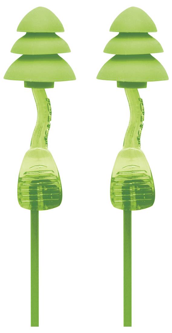 Ein Paar grüner Ohrstöpsel, die durch einen gebogenen Stiel verbunden sind. Jeder Ohrstöpsel ähnelt einer kleinen Baum- oder Pilzform.