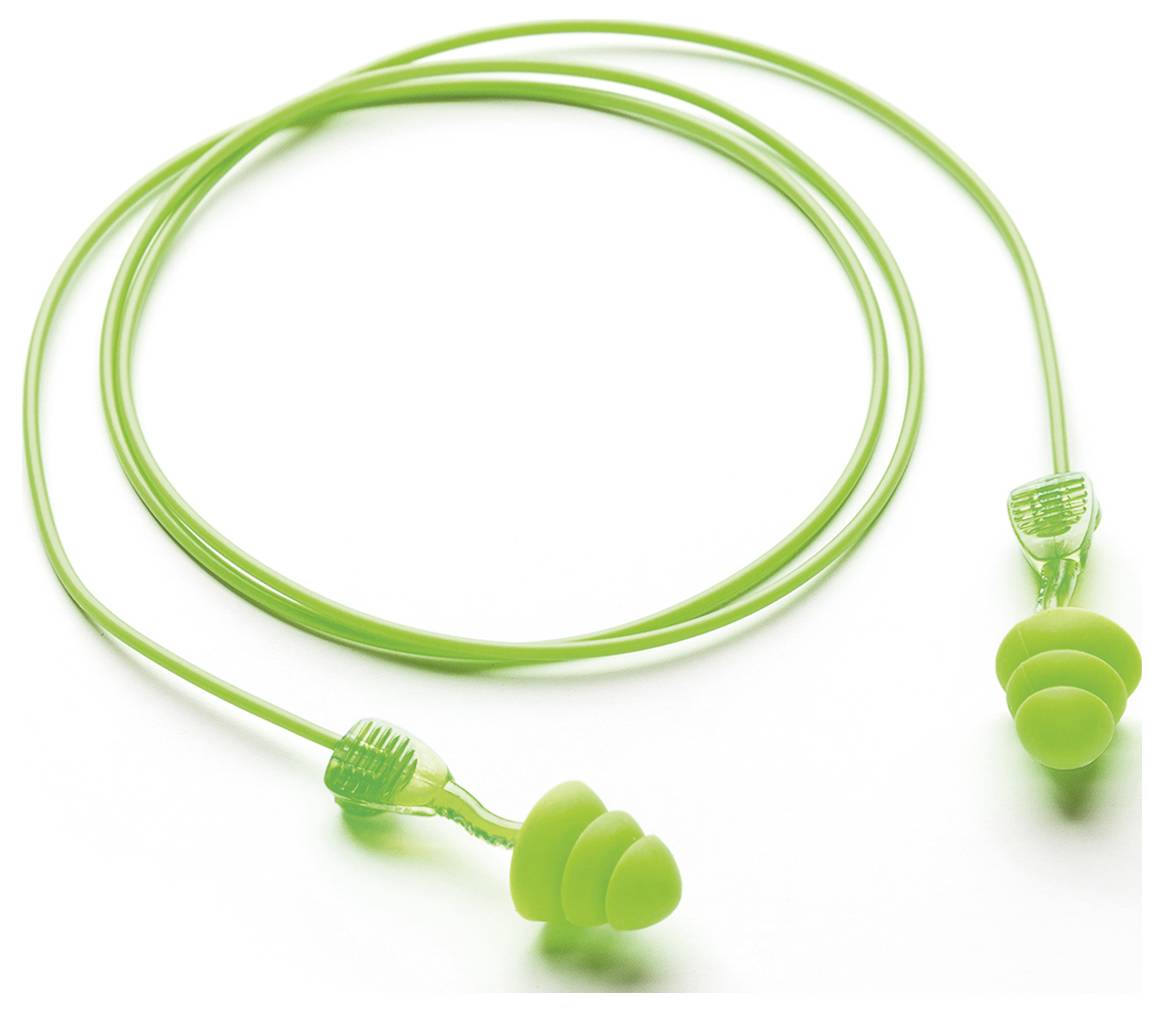 Ein Paar grüner Ohrstöpsel, die durch ein flexibles Kabel verbunden sind.