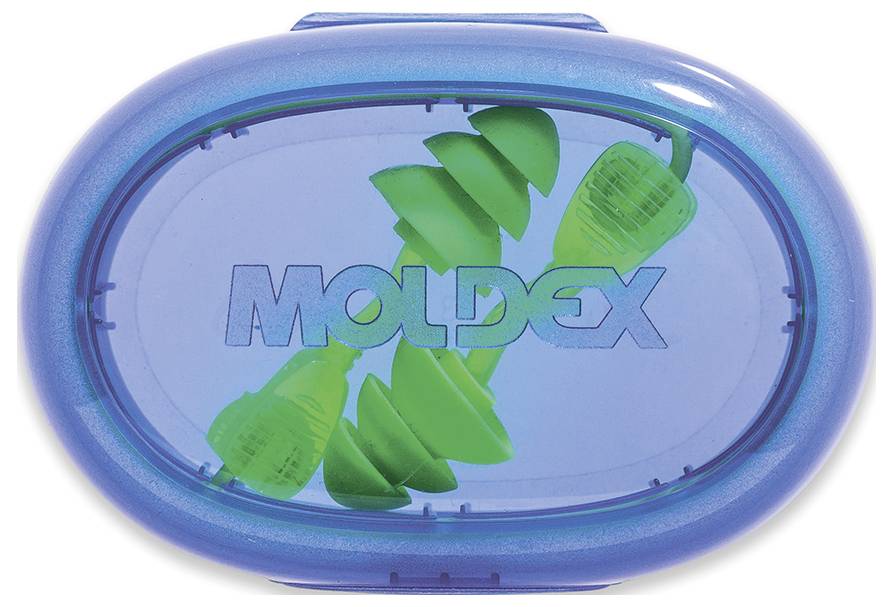Blaue Schachtel mit grünen Ohrstöpseln, mit der Aufschrift „Moldex