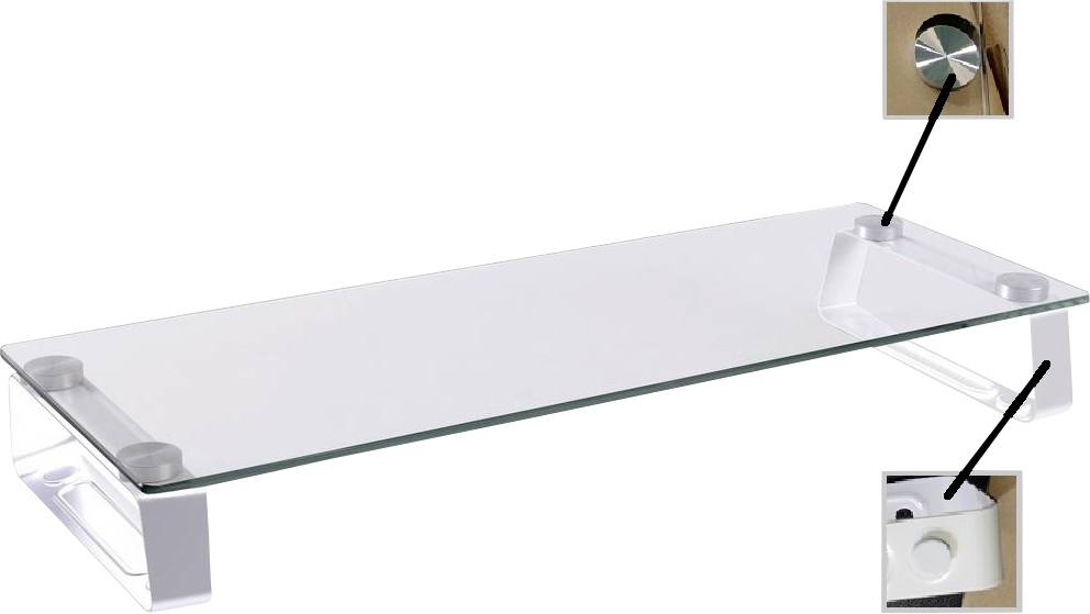 Flacher Glas-Monitorständer mit weißen Halterungen an den Ecken. Zeigt Nahansichten von Befestigungsdetails an den Halterungen.