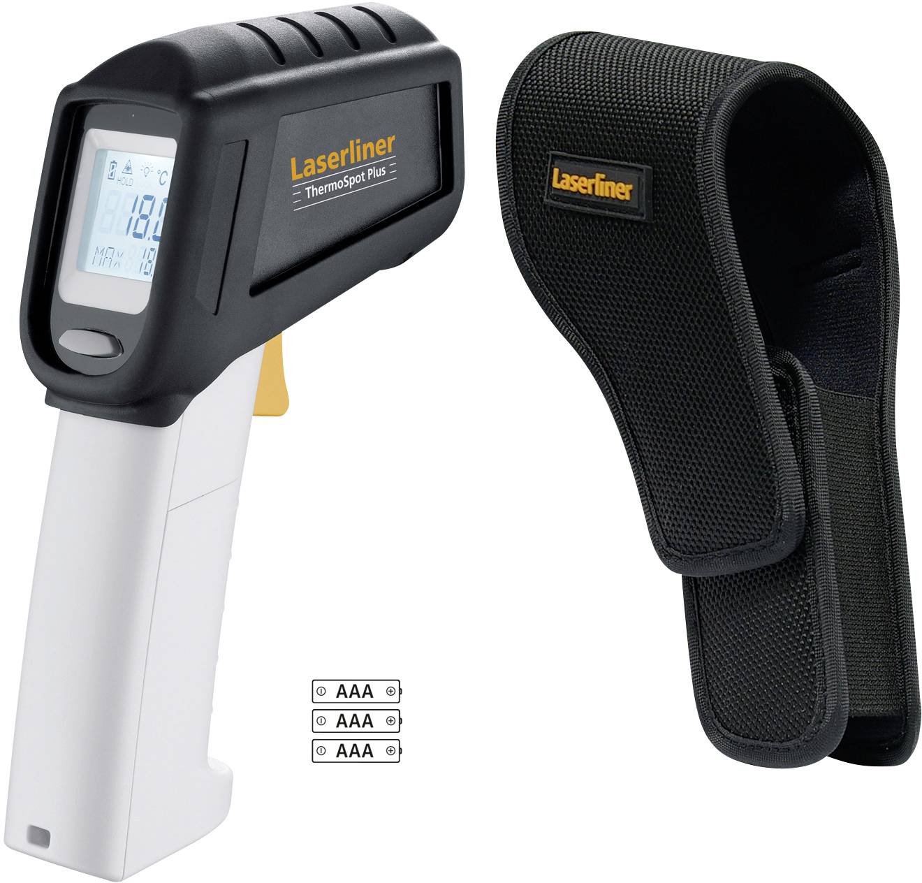 Ein Infrarot-Thermometer mit Display, das Temperatur anzeigt, daneben eine schwarze Schutztasche. Markiert mit 'Laserliner'.