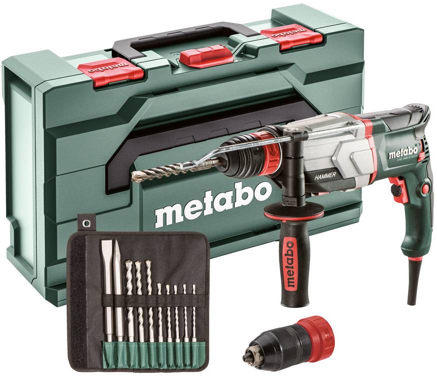 Metabo-Schlagbohrmaschinen-Set mit grünem Transportkoffer, Seitengriff, Bohrersatz und Spannfutter-Zubehör.