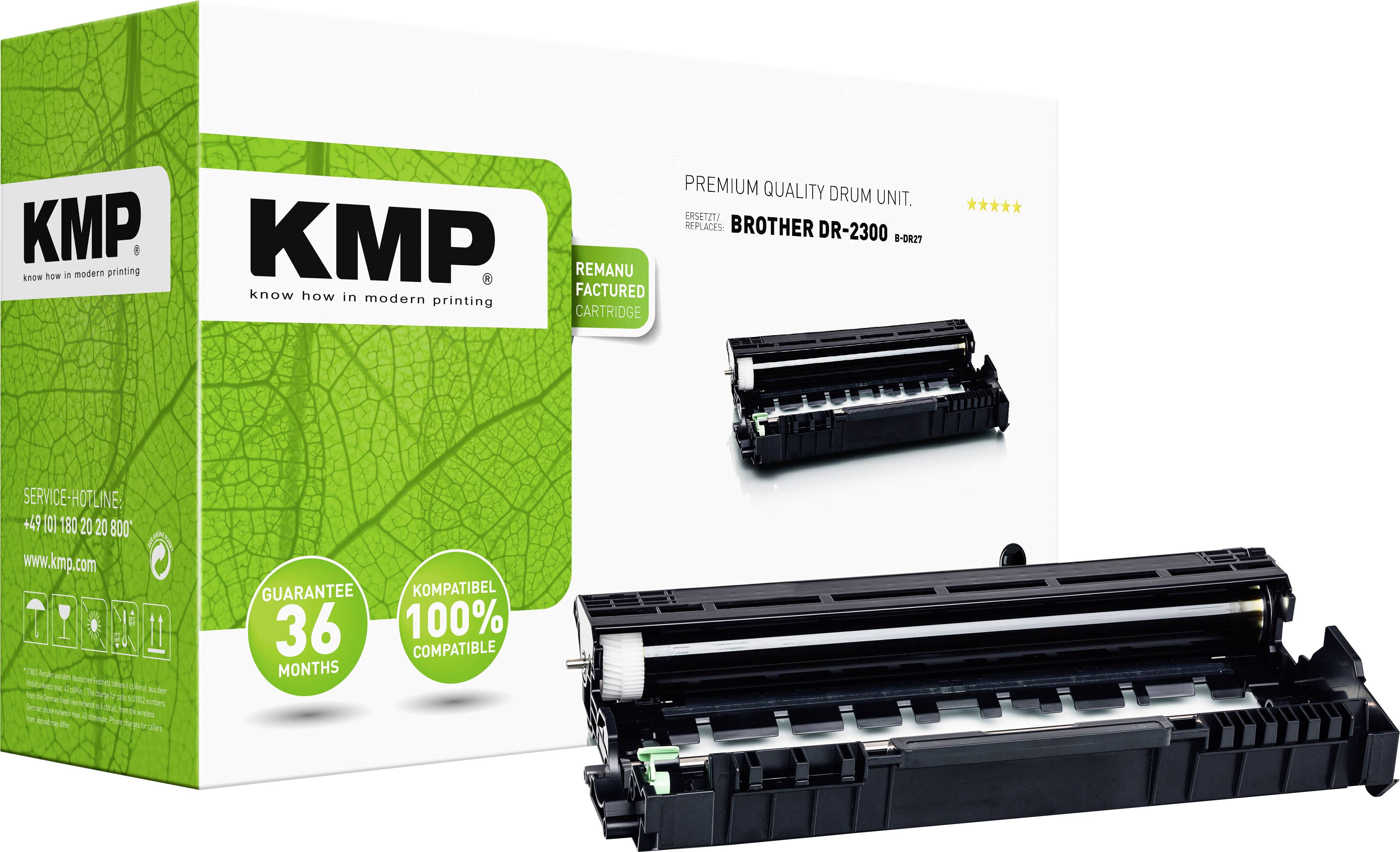 Ein Brother DR-2300 Trommel-Einheit im Vordergrund, daneben eine Verpackung mit grünen KMP-Design-Elementen und Garantiesiegeln.
