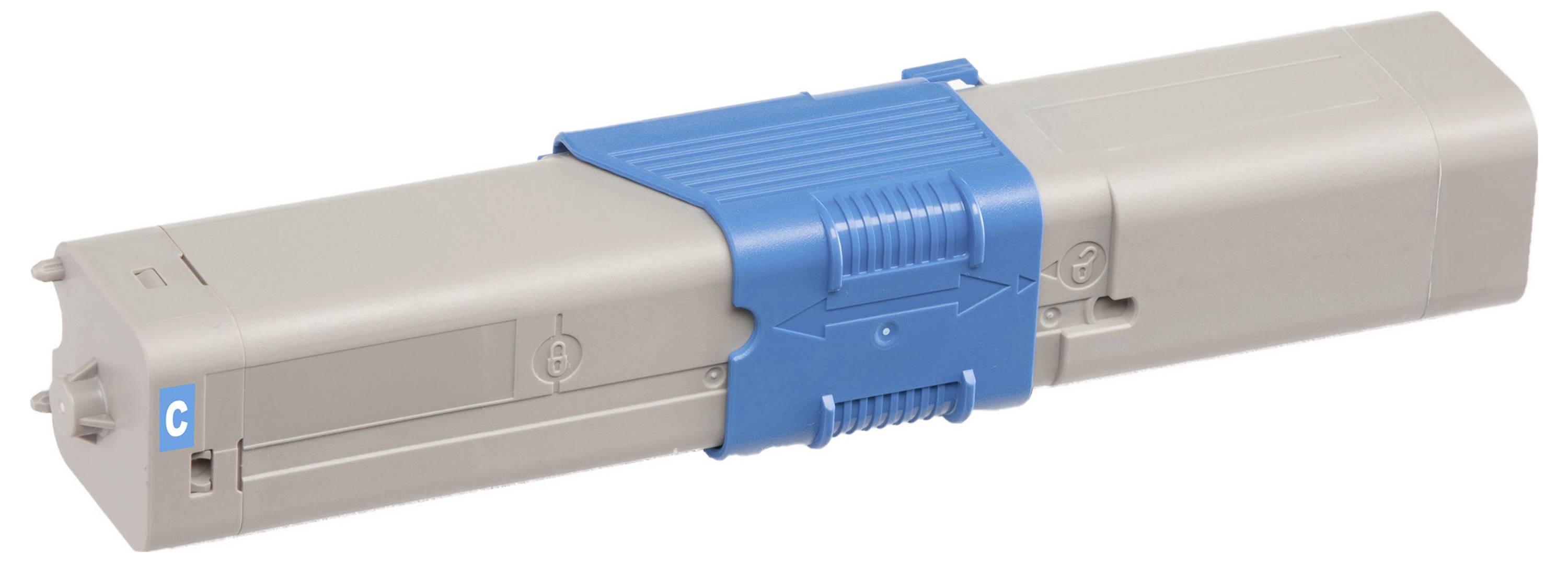 Ein beige und blau gefärbter rechteckiger mechanischer Stecker oder eine Kartusche mit einem verriegelbaren Mittelband, isoliert auf weißem Hintergrund dargestellt.