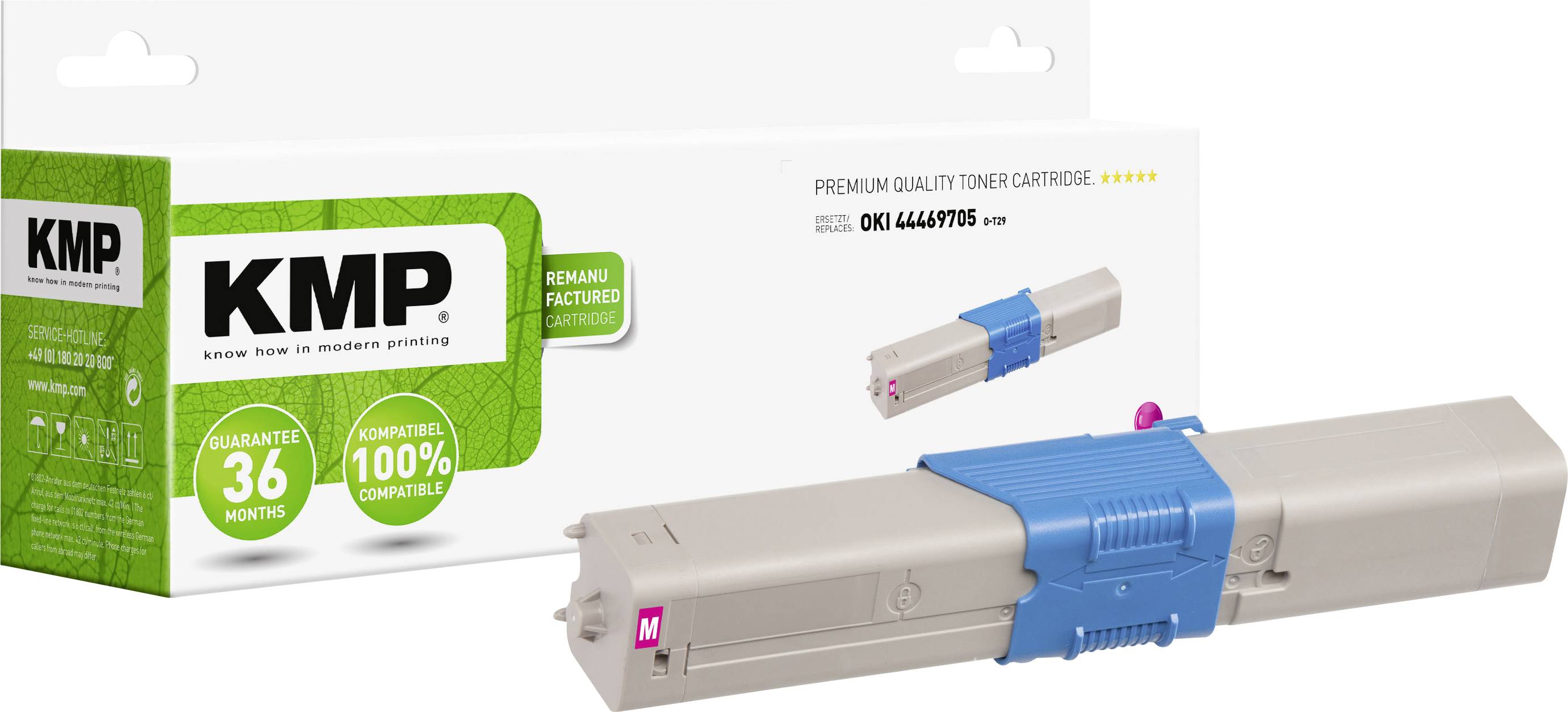 Toner-Kartusche in der Originalverpackung. Marke KMP, für OKI-Drucker, kompatibel und umweltfreundlich, 36 Monate Garantie.