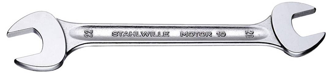 Ein Maulschlüssel aus Metall mit der Aufschrift 'STAHLWILLE MOTOR 10', der an seinen Enden zwei verschiedene Größen, 22 und 21, aufweist.