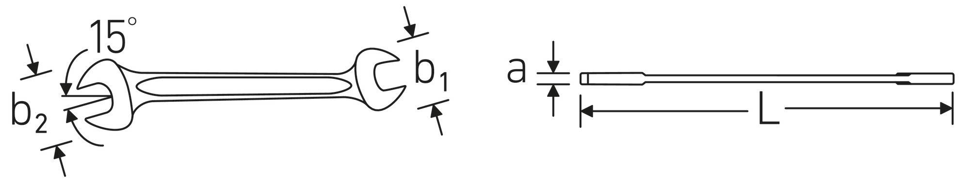 Darstellung eines Schraubenschlüssels mit beschrifteten Abmessungen: 'b1', 'b2', 'a', 'L' und einem Winkel von 15 Grad am Schlüsselkopf.