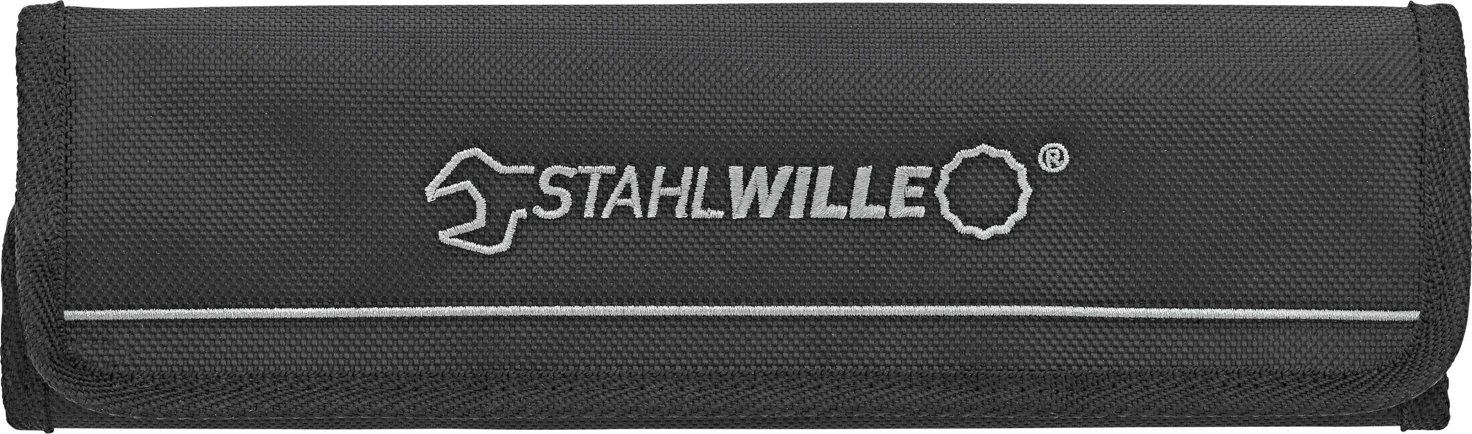 Eine schwarze Werkzeugtasche mit dem Aufdruck 'Stahlwille' und Logo in der Mitte.