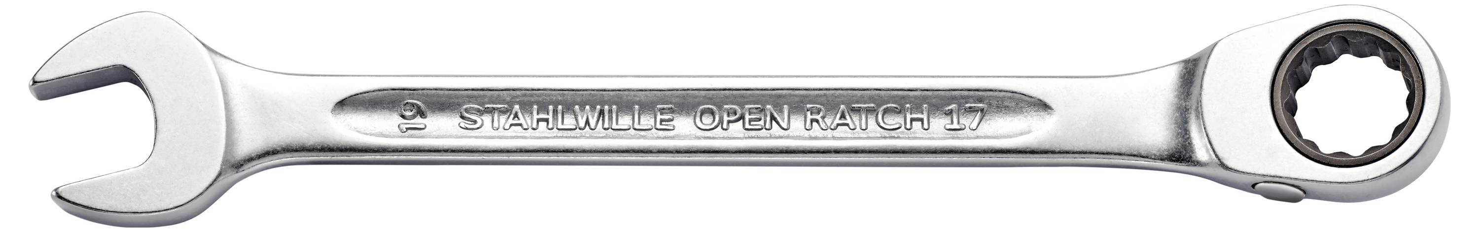 Ein silberner Maulschlüssel mit der Aufschrift 'Stahlwille Open Ratchet 17', zeigt eine offene und eine Ratschen-Ende.