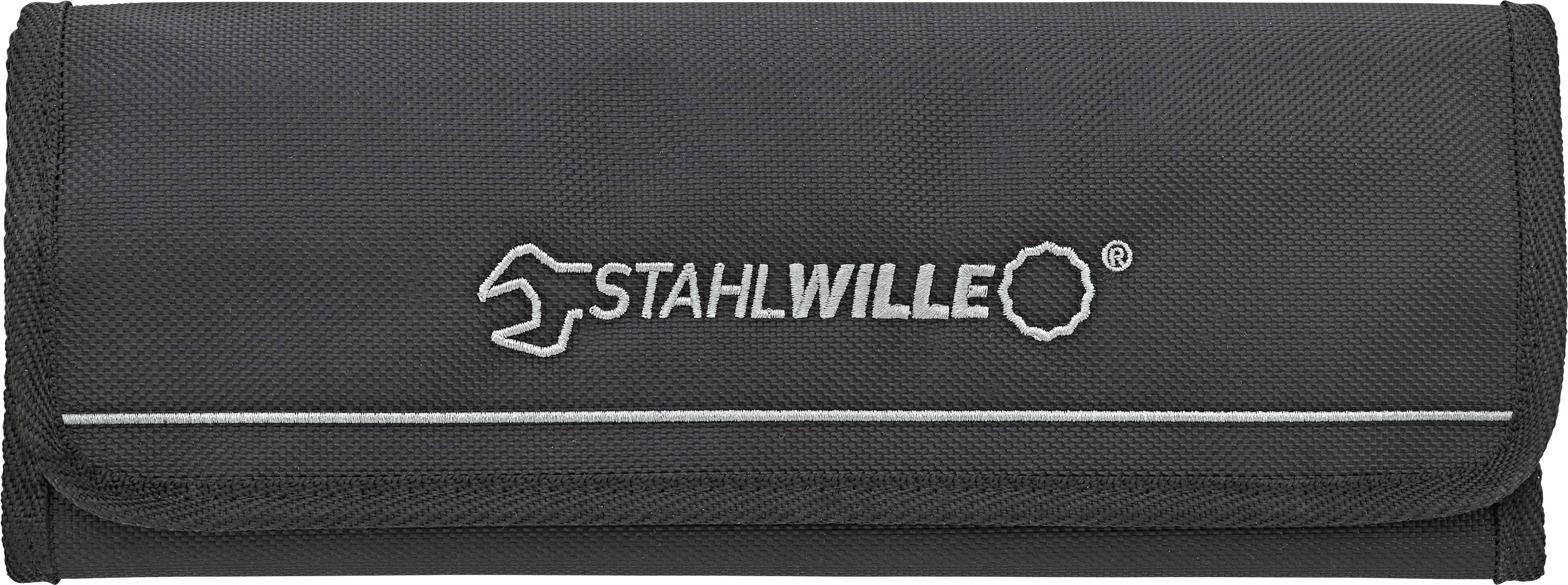 Schwarzes Etui mit aufgesticktem 'STAHLWILLE' Logo und Werkzeug-Symbol, vermutlich zur Aufbewahrung von Werkzeugen.