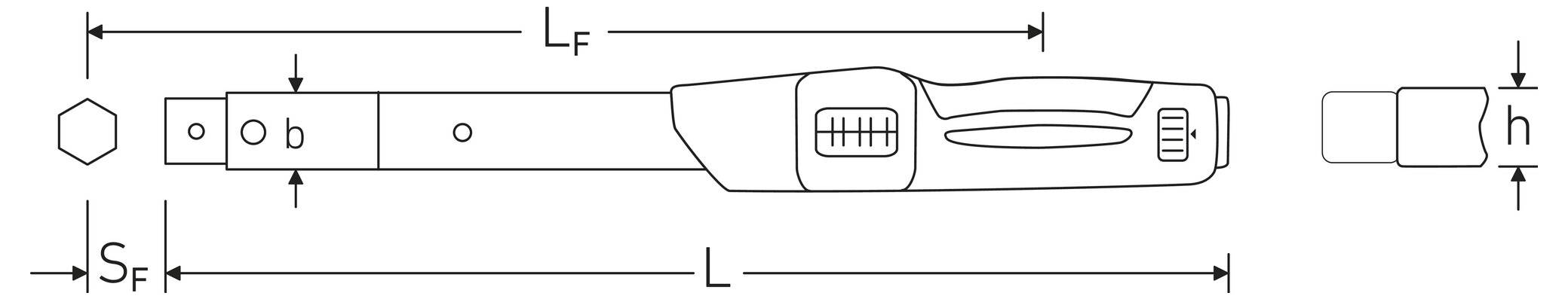 „Technische Zeichnung eines Drehmomentschlüssels mit gekennzeichneten Teilen einschließlich Länge (L), Griff, Sechskant-Steckschlüssel und Abmessungen (S_f, L_F, h).