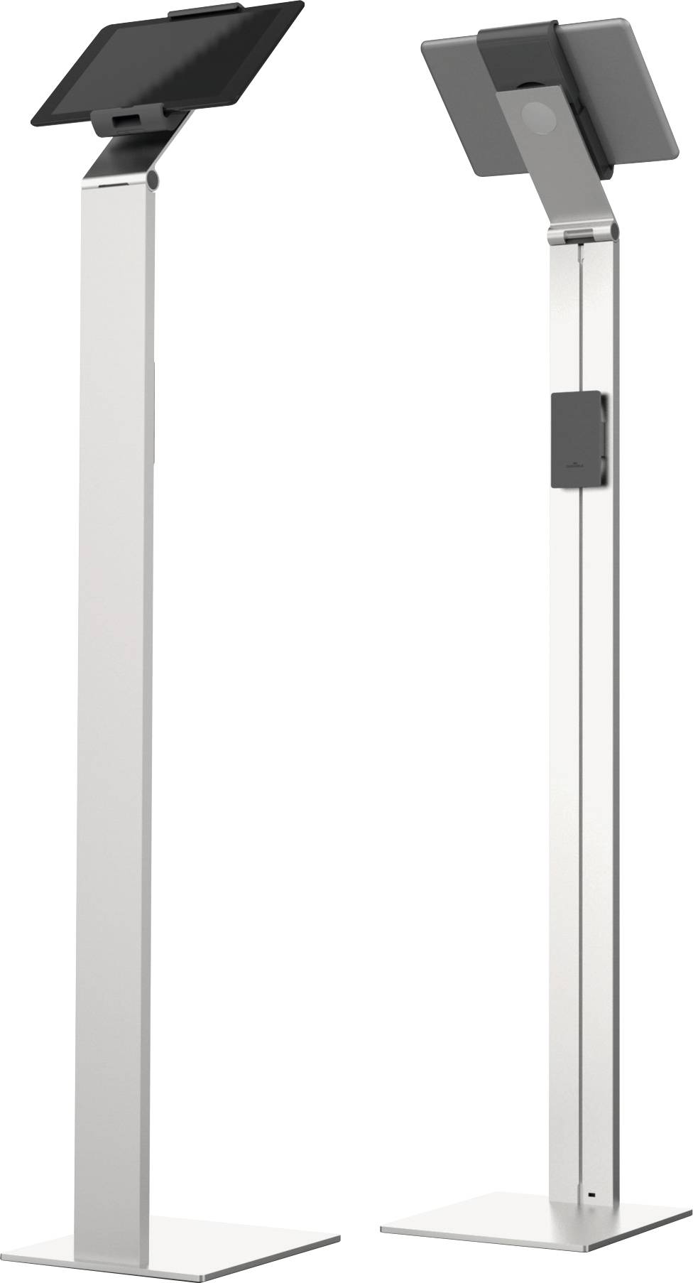 Zwei silberne Tablet-Ständer mit verstellbarem Winkel, jeweils auf einer stabilen Basis. Sie sind für Präsentationen oder Messeauftritte geeignet.
