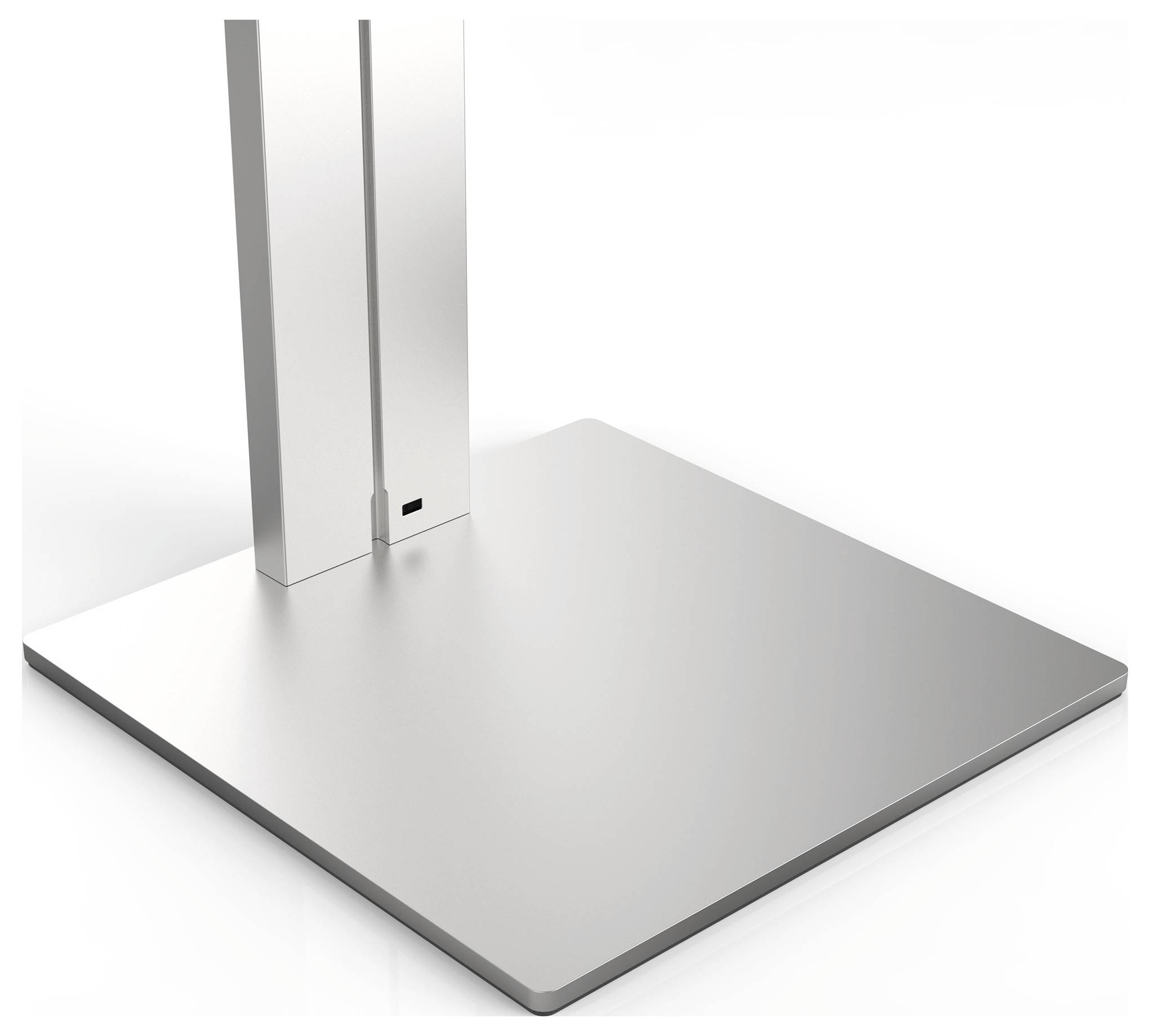 Ein quadratischer, minimalistischer Metallsockel mit vertikalem Standfuß, möglicherweise Teil eines modernen Möbel- oder Geräte-Designs.