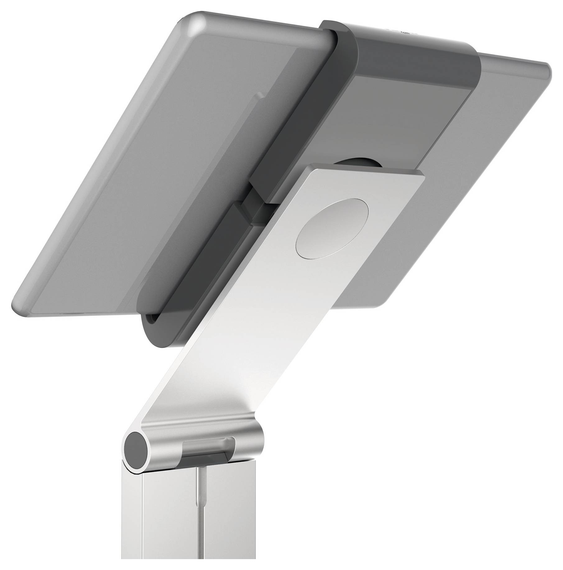 Silberner Tablet-Ständer mit verstellbarem Gelenk, hält ein Tablet in aufrechter Position.