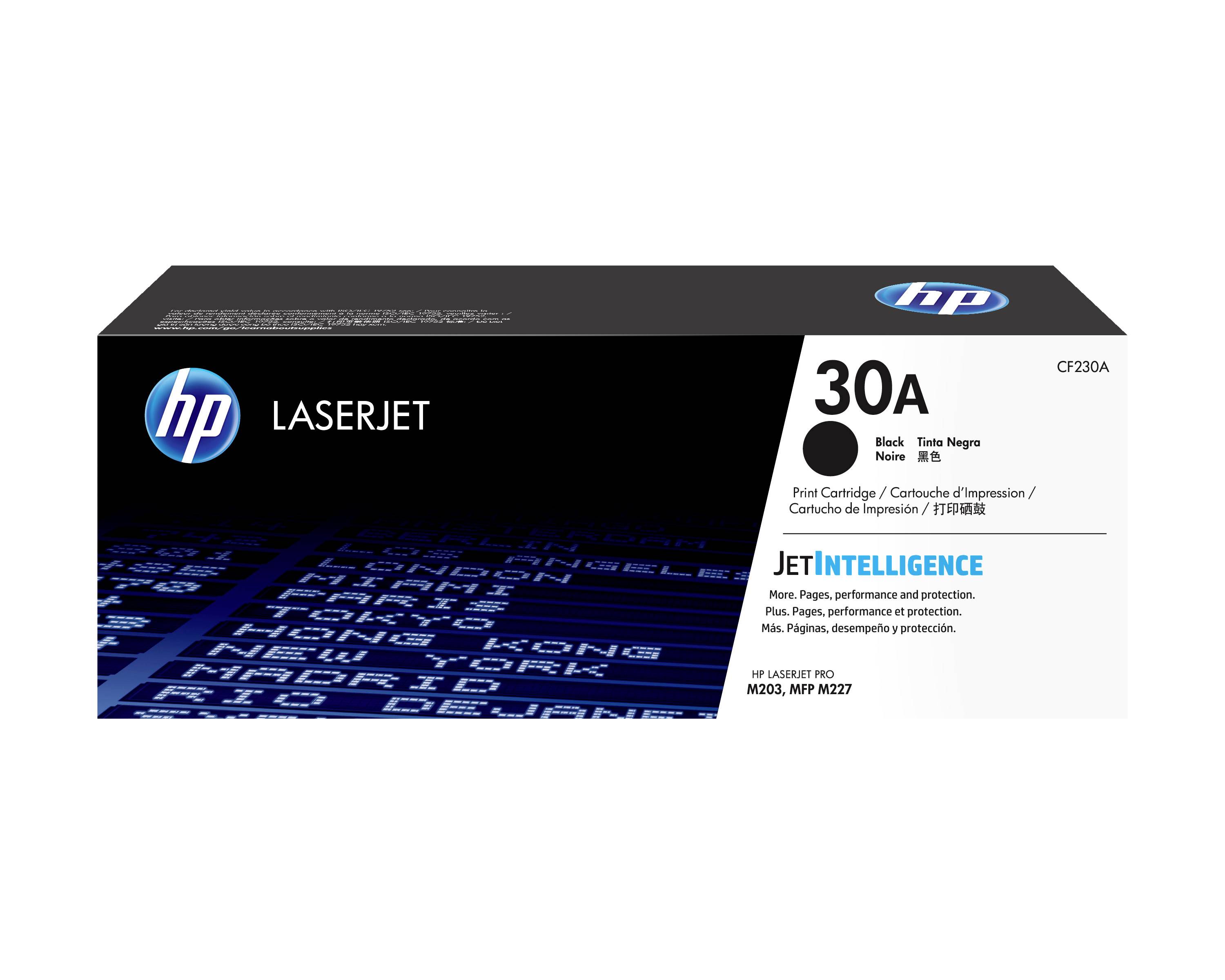 HP LaserJet 30A Tonerpatrone Schwarz Karton, Modell CF230A, mit JetIntelligence Branding.