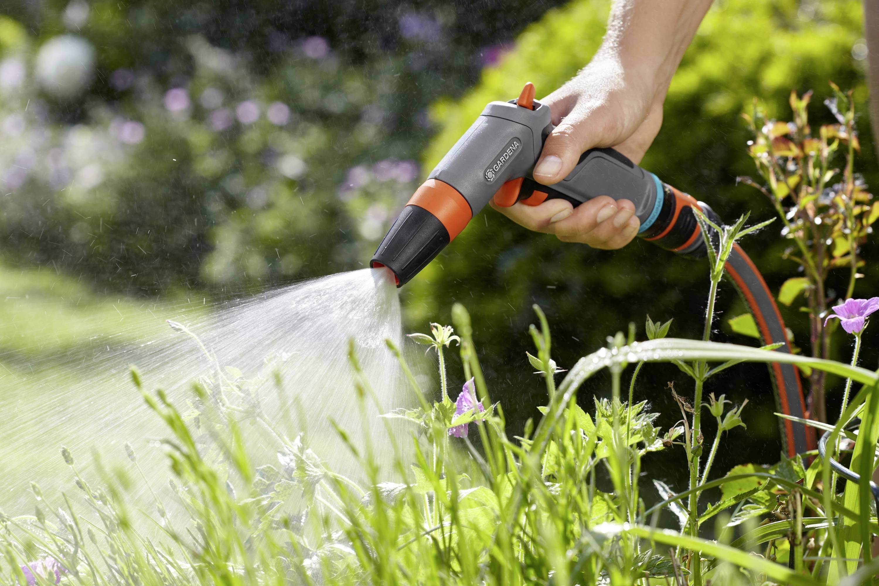 Eine Hand hält einen Gartenschlauch mit Düse, gießt Wasser auf grüne Pflanzen und Blumen in einem sonnigen Garten.