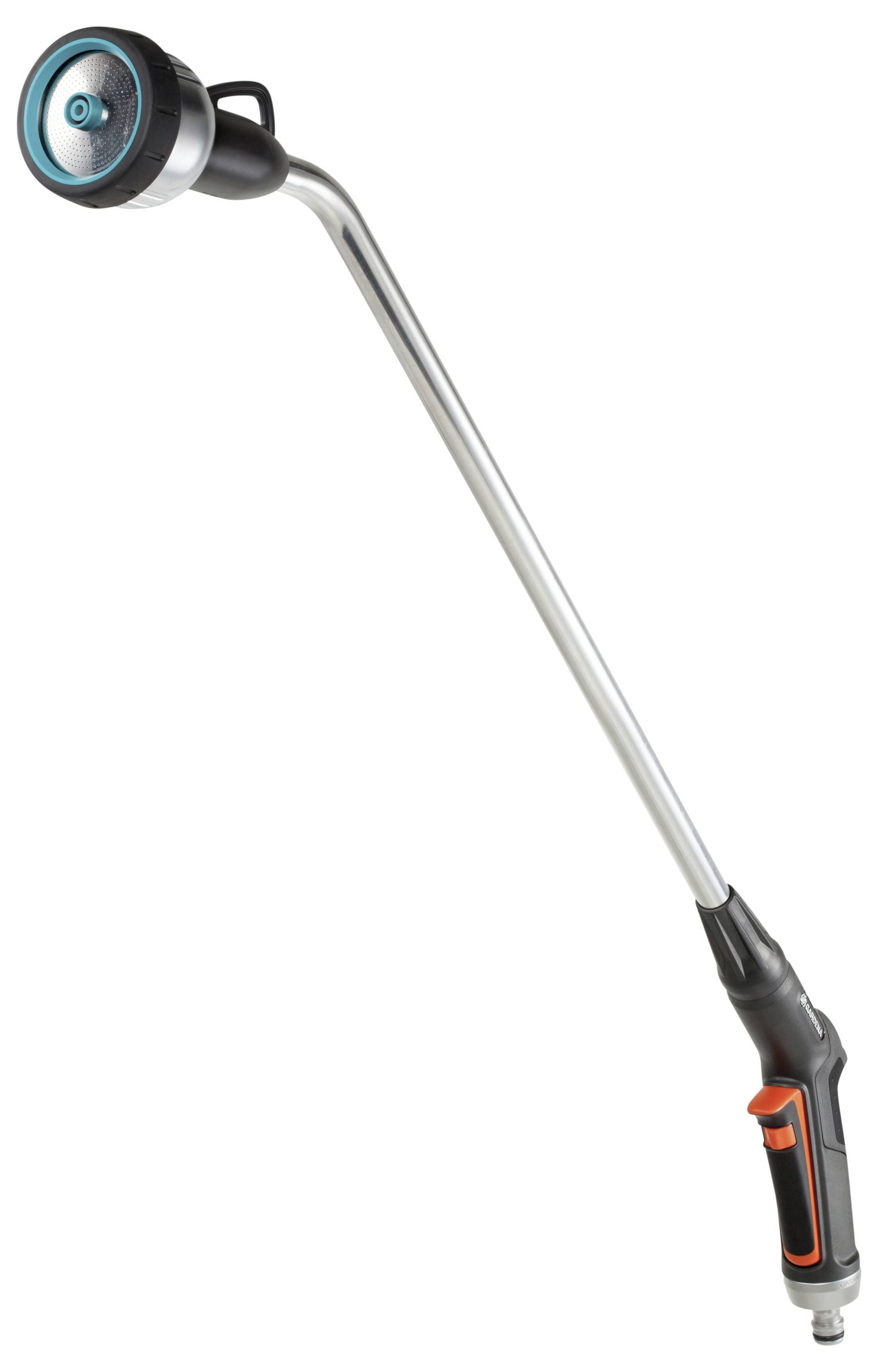 Gießstab für Gartenbewässerung mit ergonomischem Griff und Sprühkopf an langem Metallrohr.
