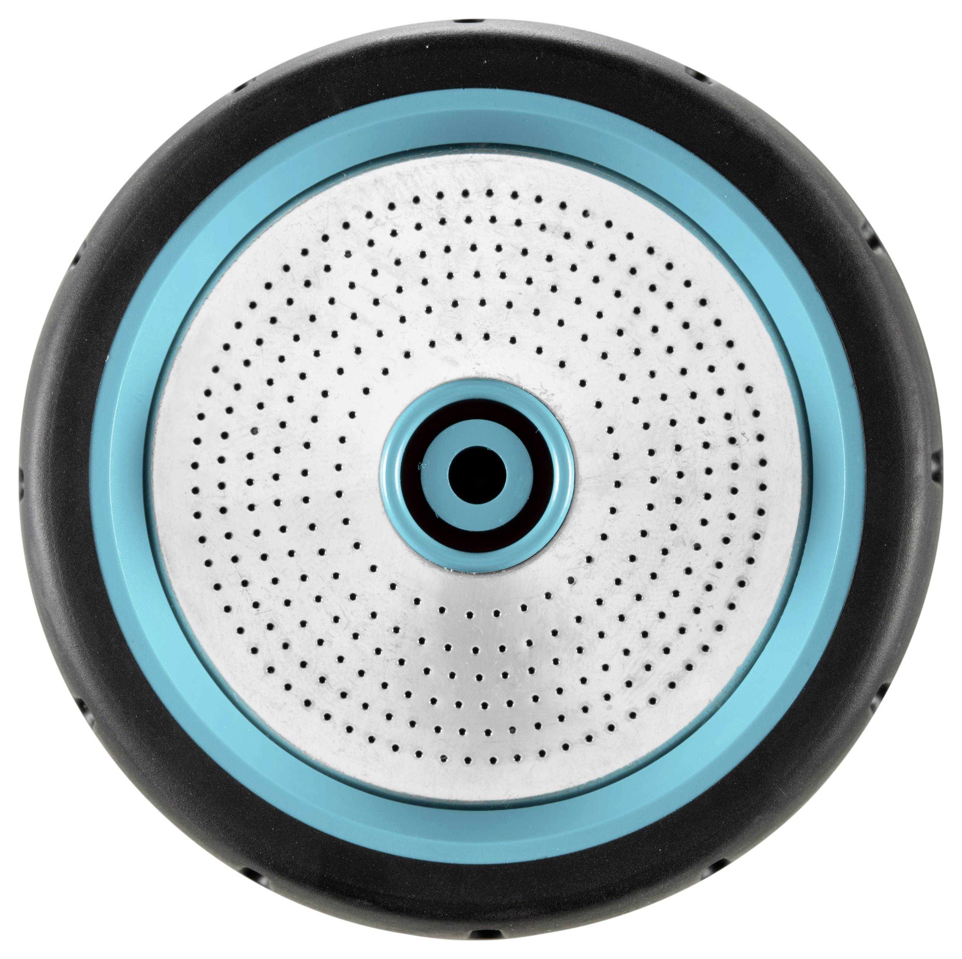 Runde, silberne Duschkopfplatte mit feinen Strahlöffnungen, umgeben von einem türkisfarbenen Ring, zentrierte Kreisöffnung.