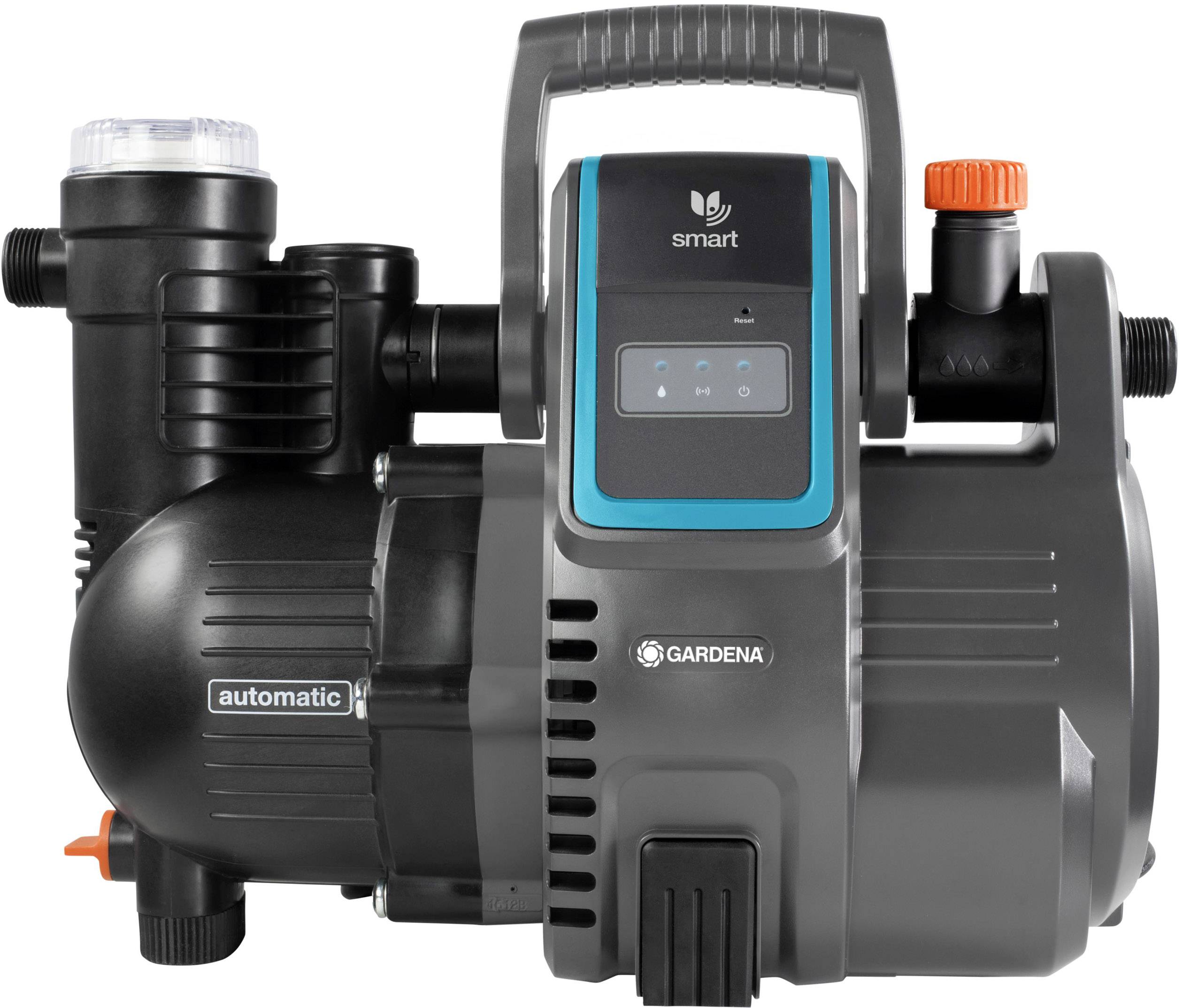 Gartenpumpe mit digitalem Display und Griff, geeignet für automatische Wasserentnahme. An der Seite befinden sich Schalter und Ventile.