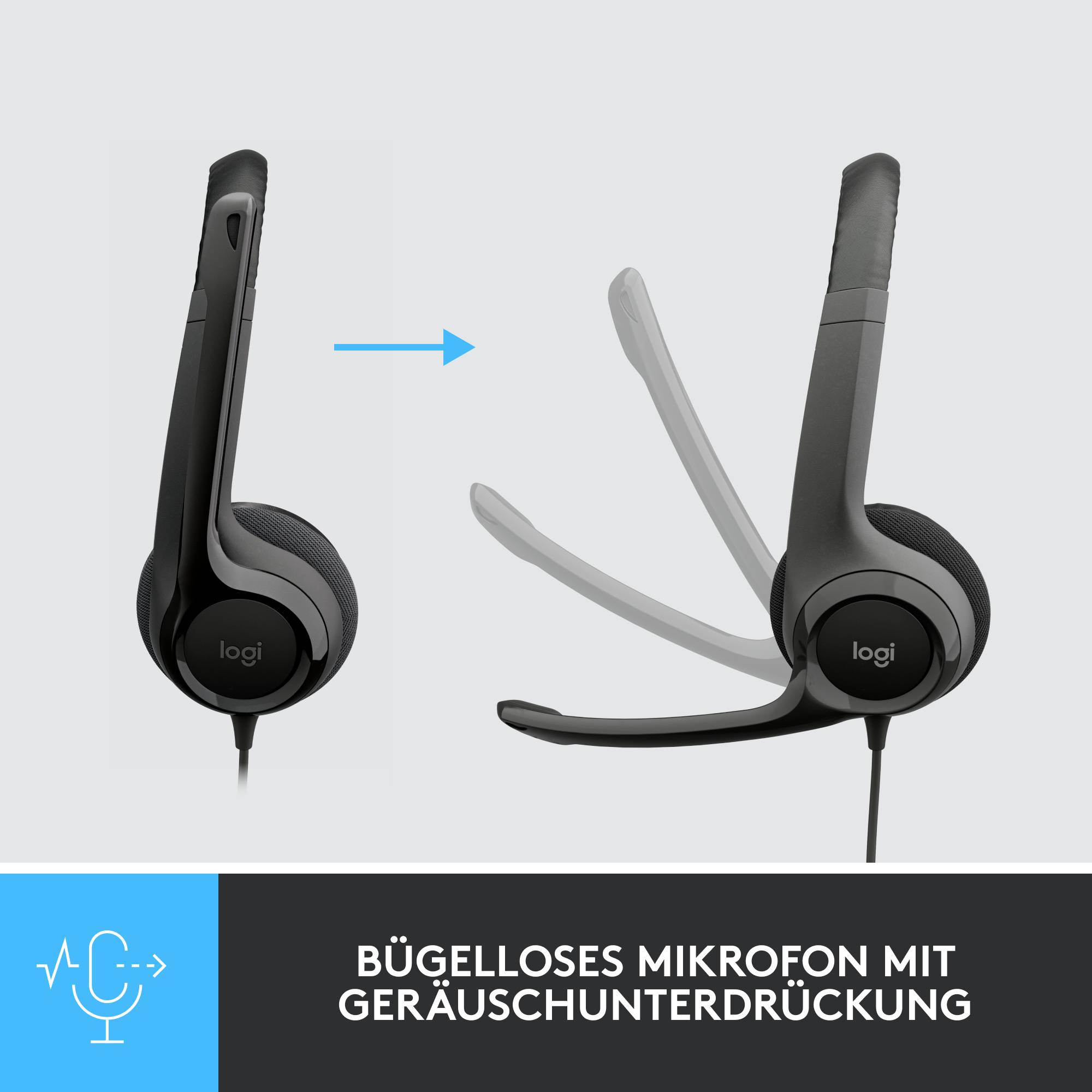 Dunkler Kopfhörer mit flexiblem Bügelmikrofon. Text darunter: BÜGELLOSES MIKROFON MIT GERÄUSCHUNTERDRÜCKUNG.