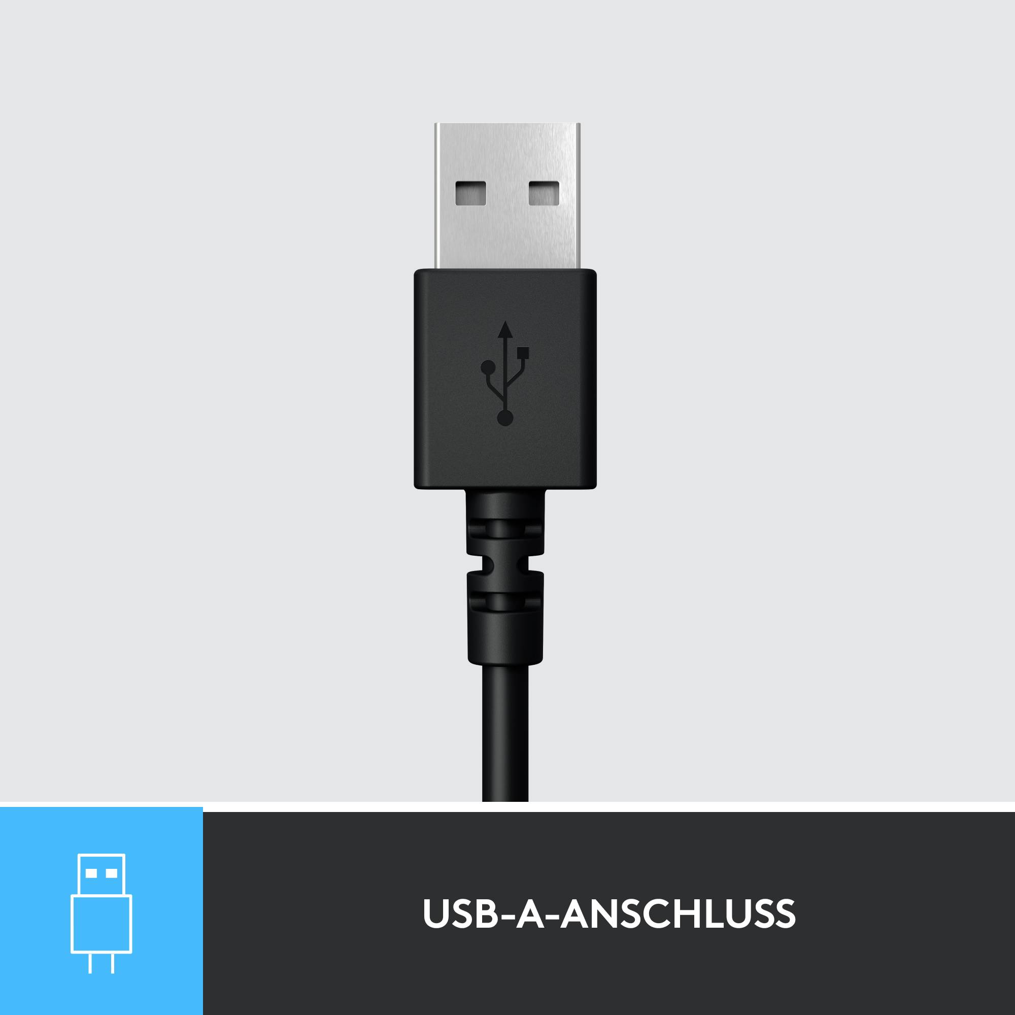 Schwarzes USB-A-Kabel mit Anschluss oben, weißes USB-Symbol auf Stecker. Hintergrund grau. Text: 'USB-A-Anschluss'.