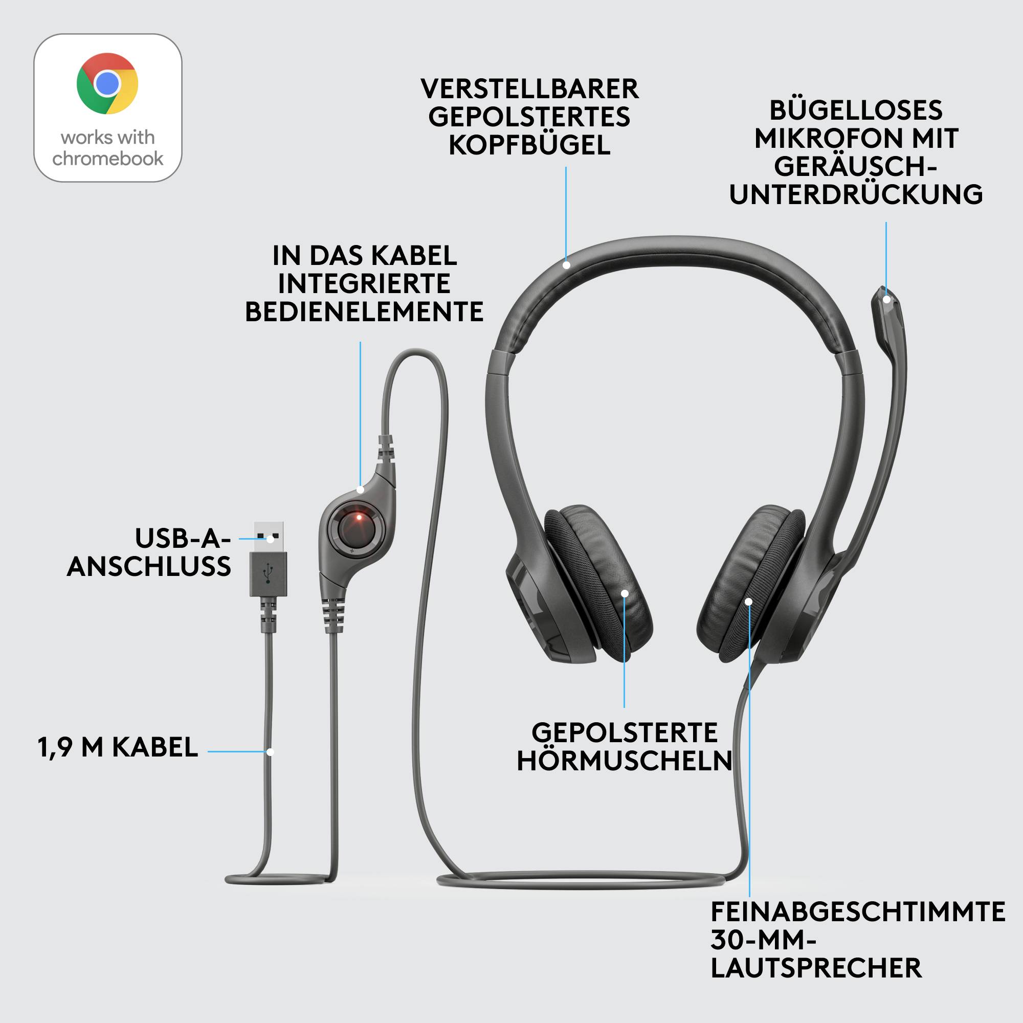 Schwarze Kopfhörer mit gepolsterten Ohrmuscheln und verstellbarem Kopfbügel. Integrierte Steuerung im Kabel, Mikrofon mit Geräuschunterdrückung.