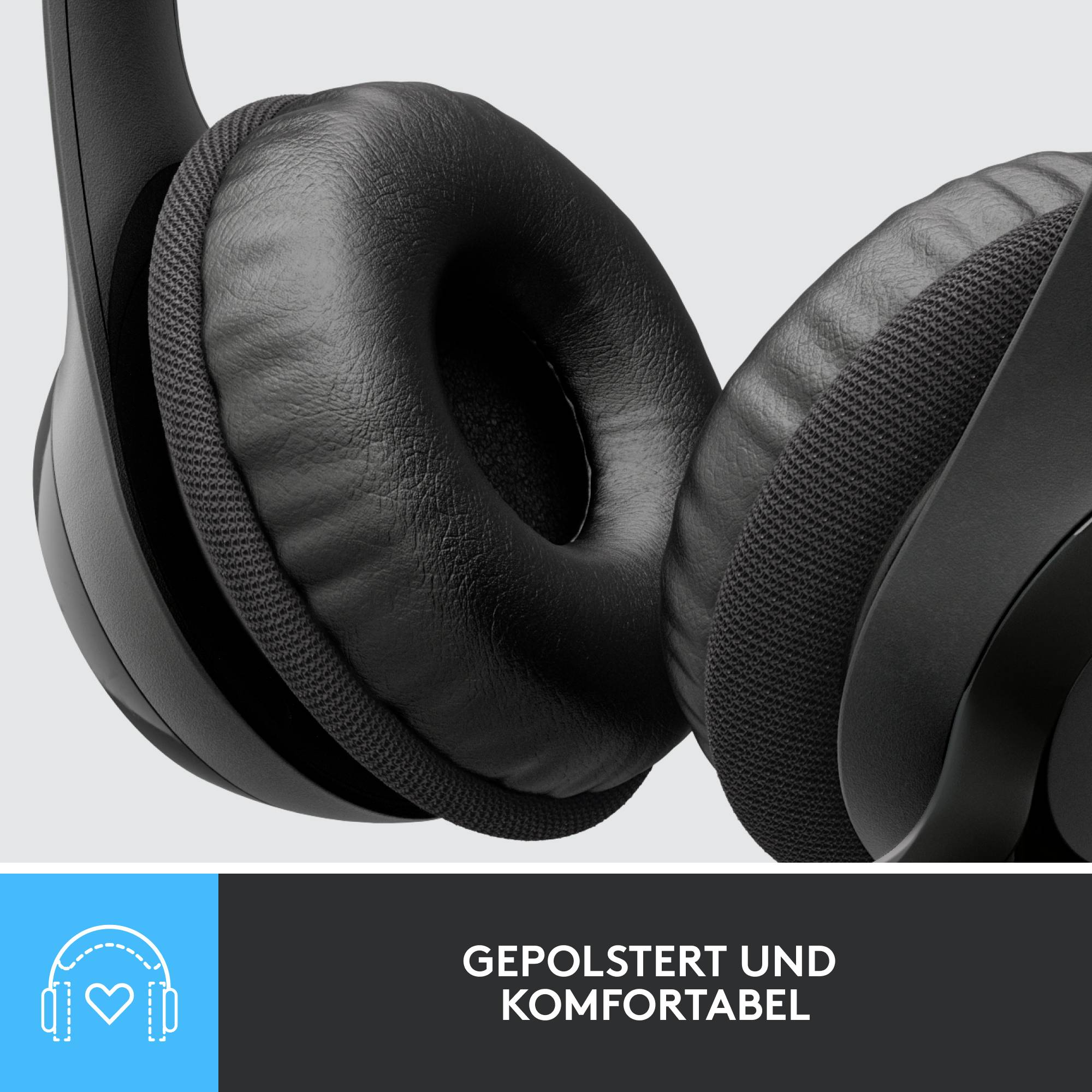 Kopfhörer mit weichen, gepolsterten Ohrmuscheln für hohen Komfort, darunter der Text 'Gepolstert und komfortabel'.