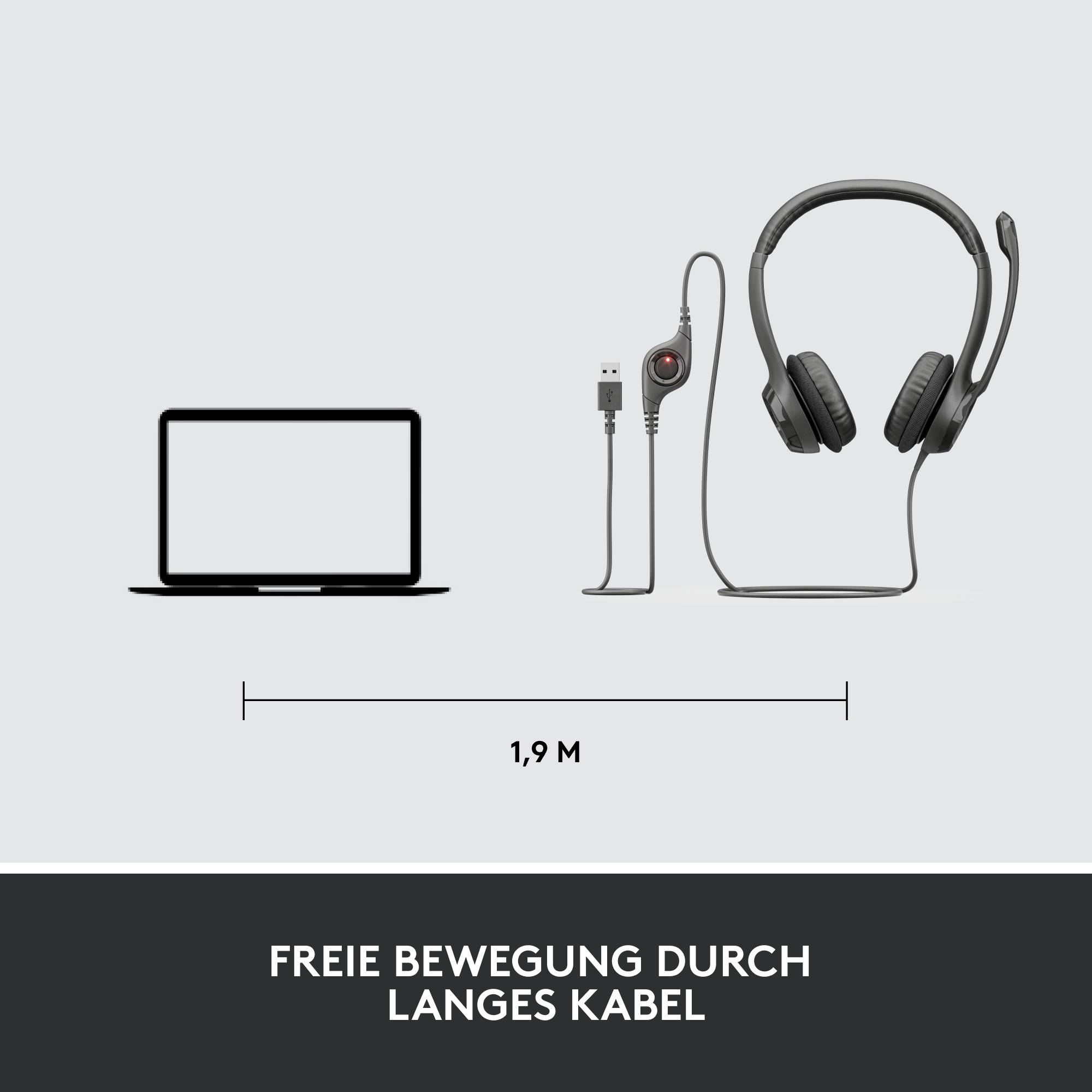 Laptop und Kabel-Headset mit 1,9 m Länge. Text: 'Freie Bewegung durch langes Kabel'.